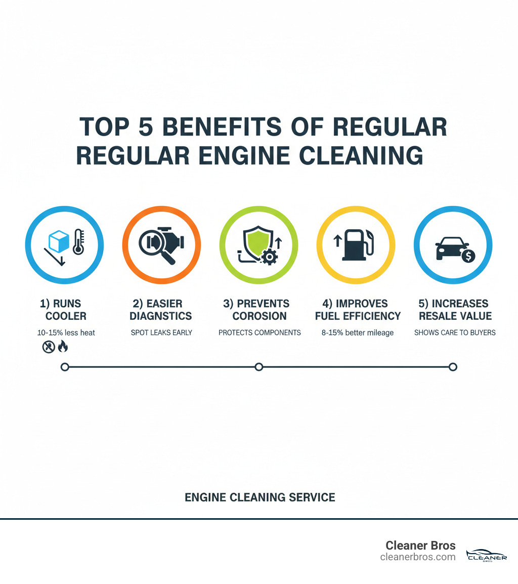 Infographic showing the top 5 benefits of regular engine cleaning: 1) Runs 10-15% cooler by removing heat-trapping dirt, 2) Easier to spot leaks and mechanical issues early, 3) Prevents corrosion on metal components and protects rubber hoses, 4) Can improve fuel efficiency by 8-15% through better heat management, 5) Increases resale value by showing maintenance care to potential buyers - engine cleaning service infographic 