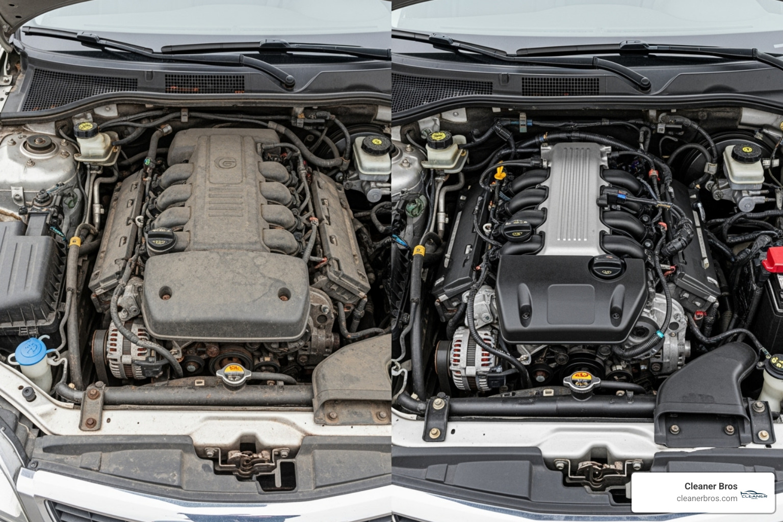image showing a side-by-side comparison of a dirty and a professionally detailed engine - engine cleaning service