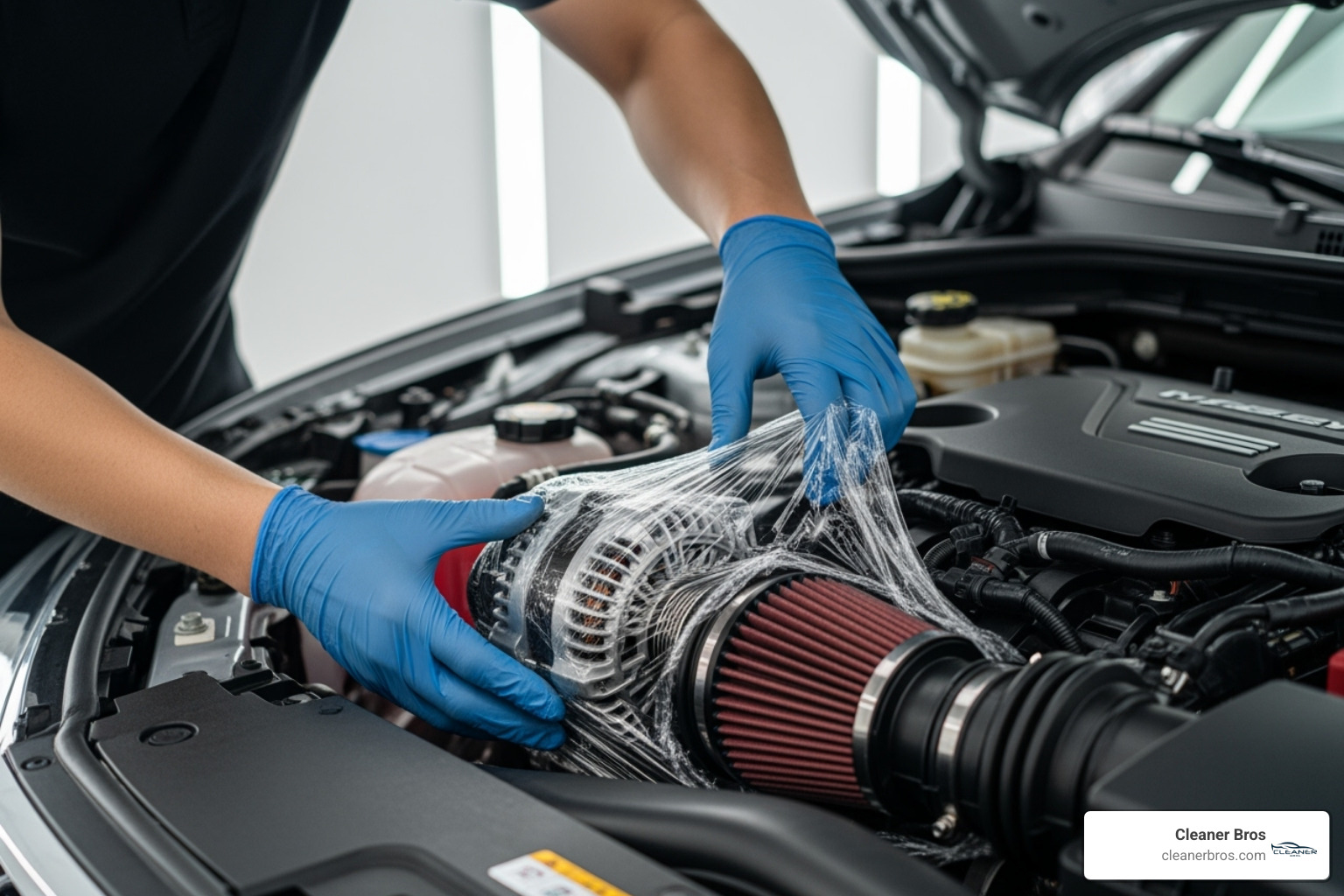 image of a detailer carefully covering an alternator and air intake with plastic wrap before cleaning - engine cleaning service