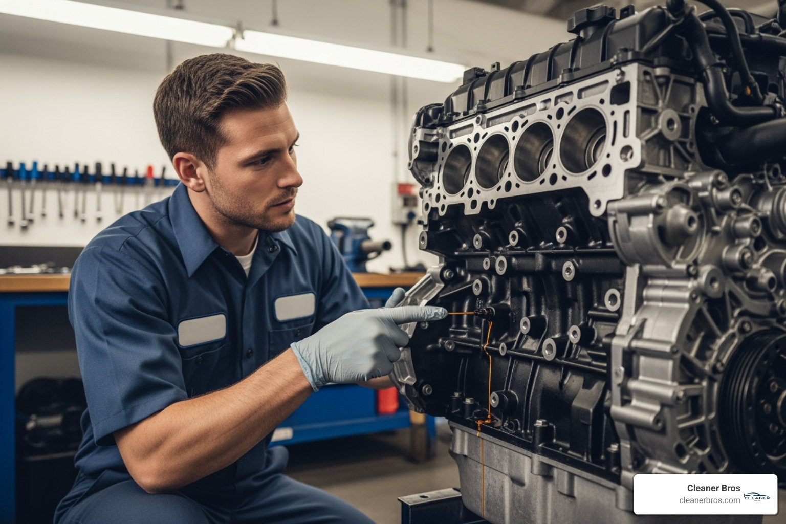 image of a mechanic easily spotting a fluid leak on a clean engine block - engine cleaning service