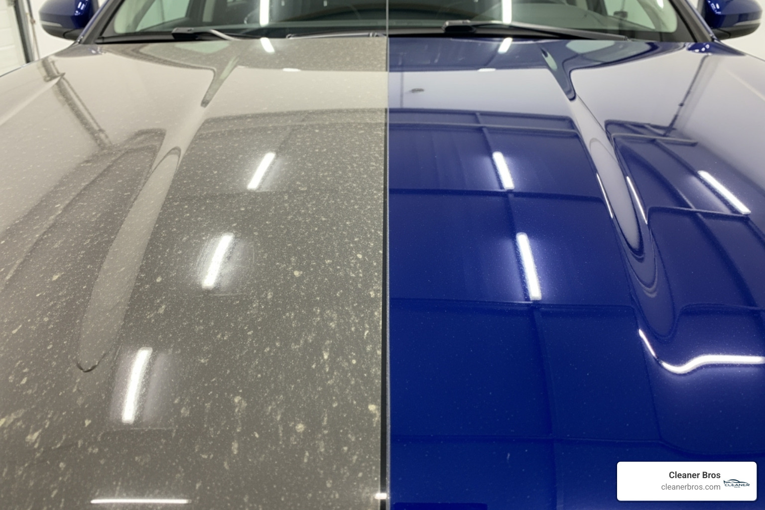 before-and-after comparison of a car's paint finish - car detailing provo ut
