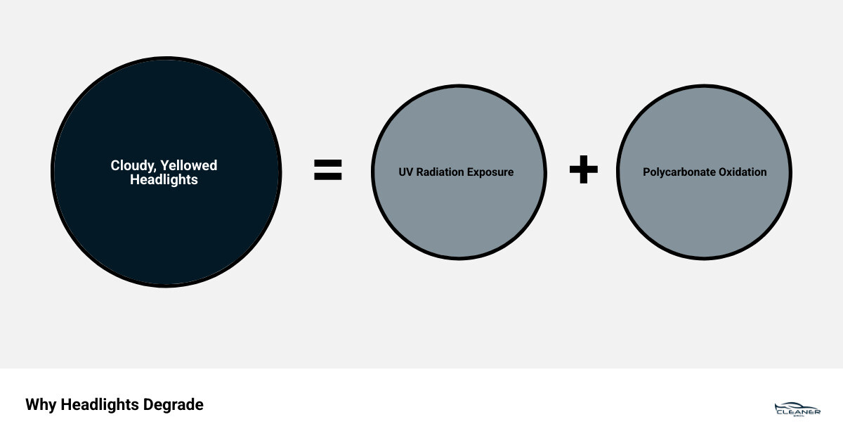 Infographic showing UV rays hitting a headlight lens, causing oxidation layer to form on the polycarbonate surface, with arrows indicating the breakdown process and resulting yellow haze - headlight repair infographic sum_of_parts
