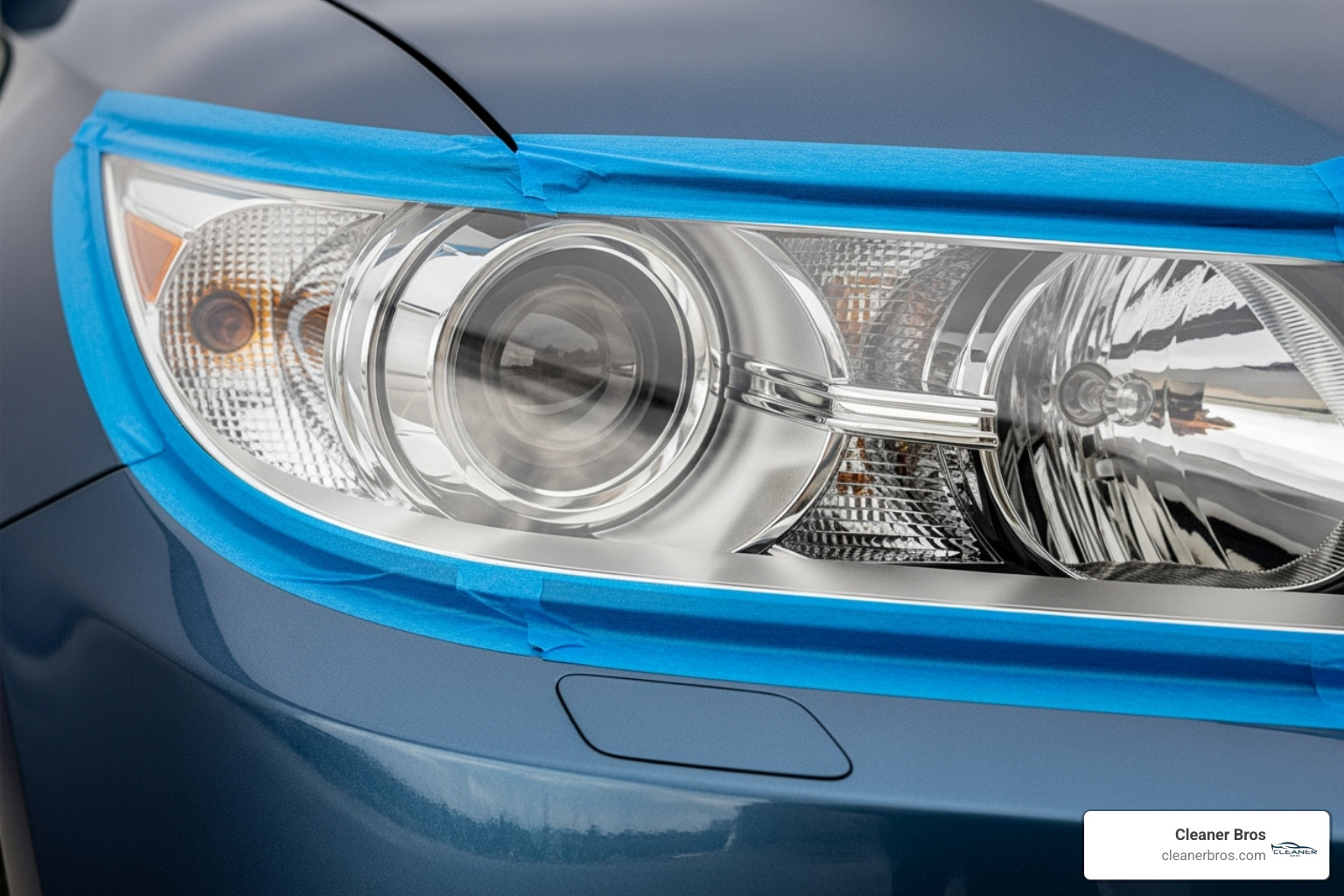 A headlight with blue painter's tape carefully applied around the edges, protecting the surrounding car paint - headlight repair