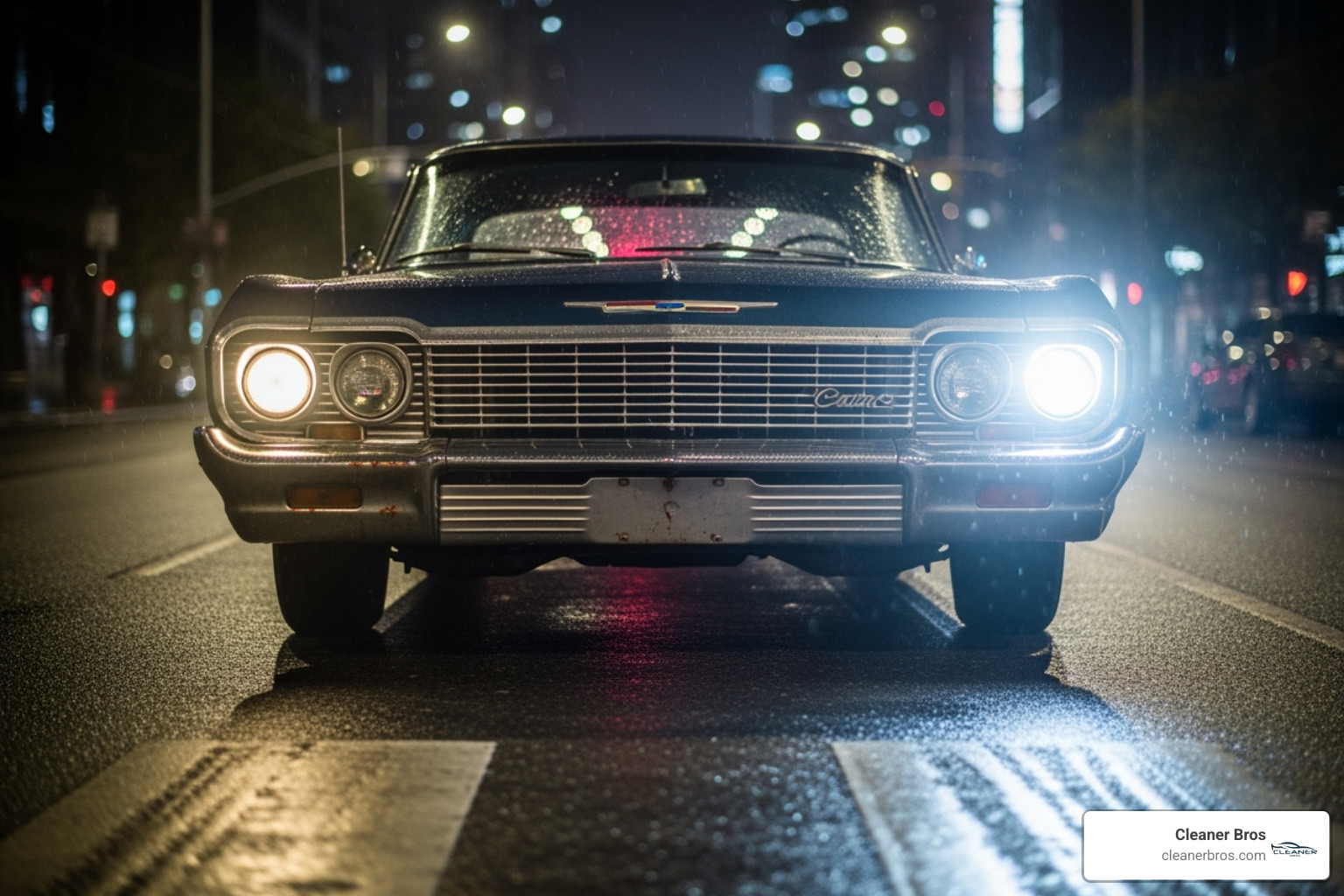 A car driving at night with one dim, yellowed headlight and one bright, clear headlight - headlight repair