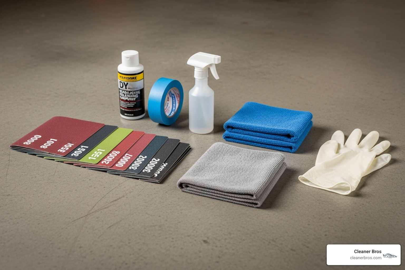 All the necessary tools and materials for a DIY headlight repair kit laid out neatly on a garage floor - headlight repair