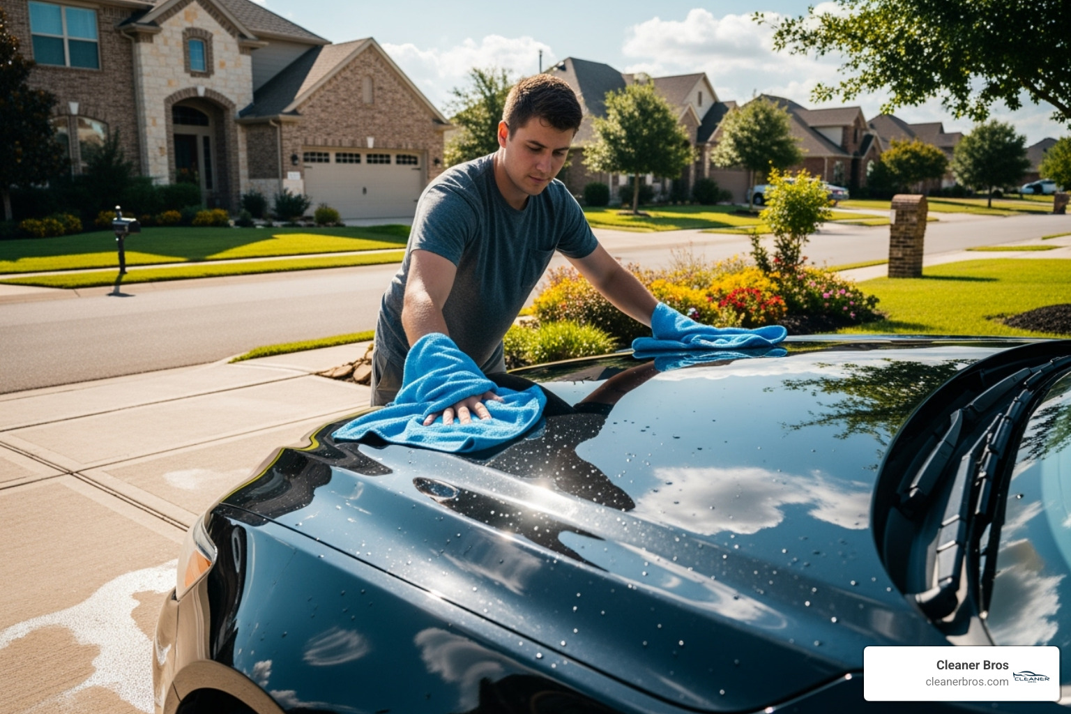 drying car with microfiber towel - car wash at home