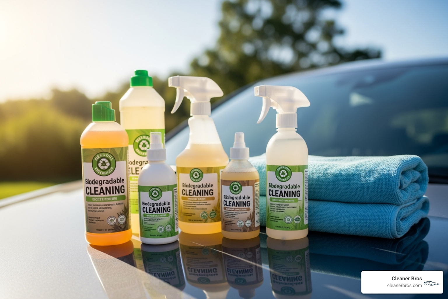 biodegradable cleaning products next to a microfiber towel on a car hood - green mobile car wash