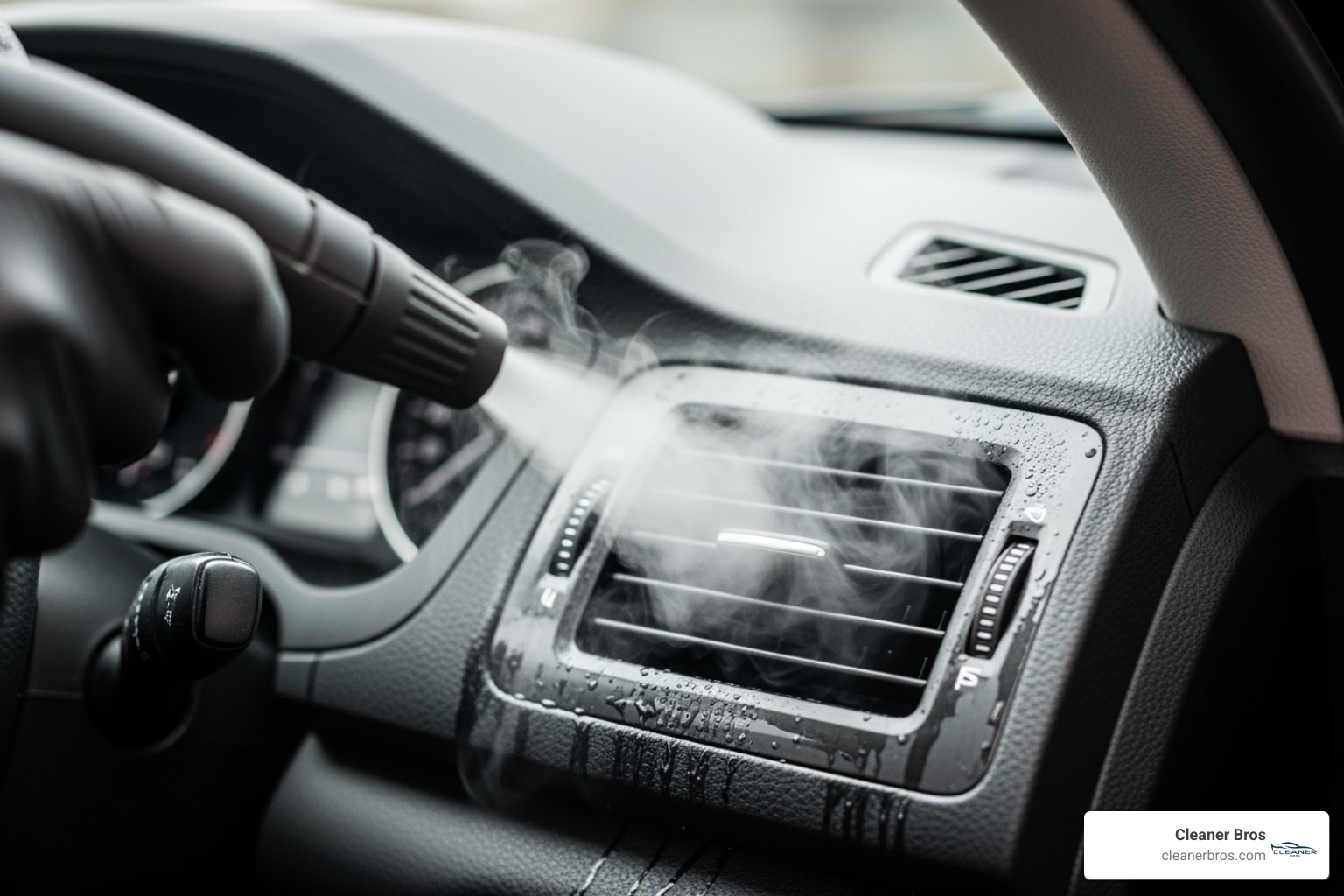 steam cleaner being used to sanitize a car's interior vents - green mobile car wash