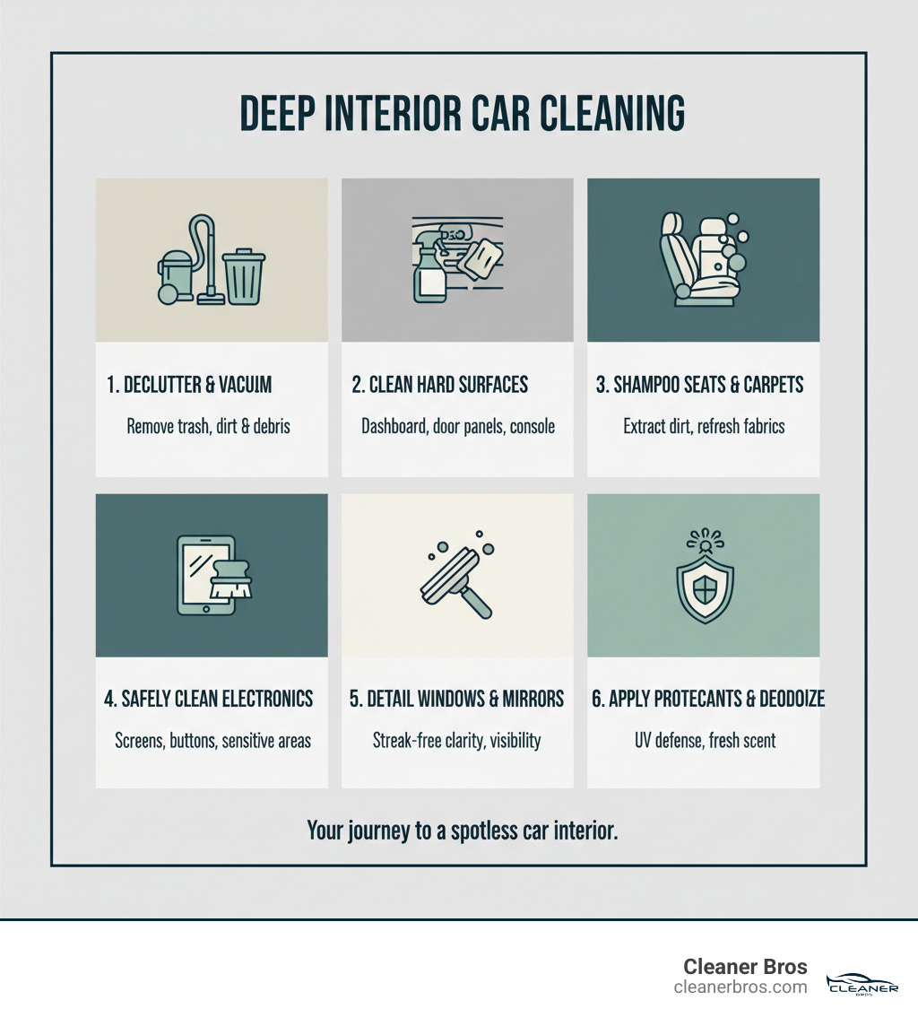 infographic showing the six main steps of deep interior car cleaning: 1. Declutter and vacuum thoroughly, 2. Clean hard surfaces like dashboard and door panels, 3. Shampoo seats and carpets, 4. Safely clean electronics and screens, 5. Detail windows and mirrors, 6. Apply protectants and deodorize - deep interior car cleaning infographic 