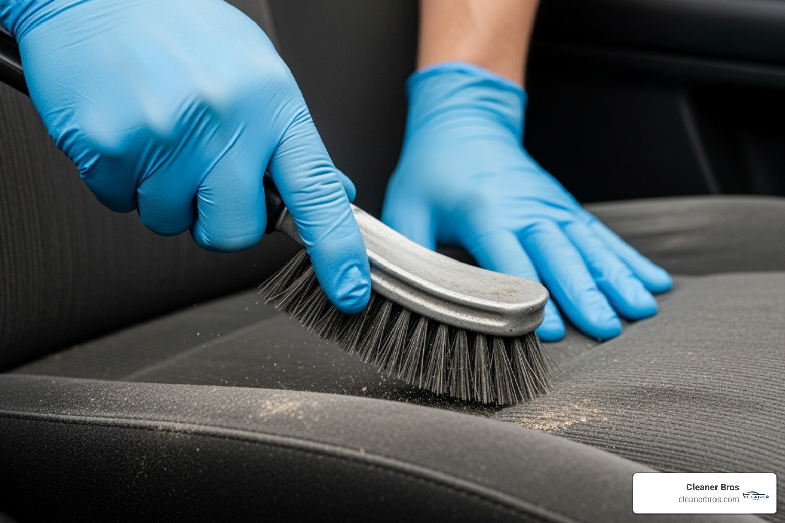 person using upholstery brush on car seat - deep interior car cleaning
