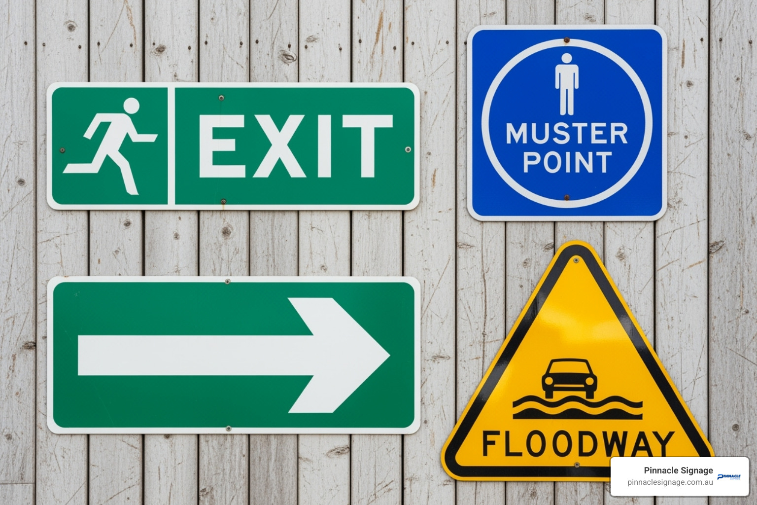 A collection of different Australian evacuation signs including an exit sign, a directional arrow, a muster point sign, and a floodway sign - evacuation route signs A collection of different Australian evacuation signs including an exit sign, a directional arrow, a muster point sign, and a floodway sign - evacuation route signs