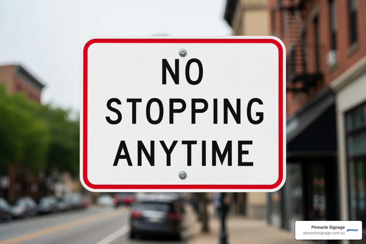 Close-up of a highly visible, text-based prohibitive traffic sign reading "NO STOPPING ANYTIME," clearly enforcing parking regulations on a busy urban street. Close-up of a highly visible, text-based prohibitive traffic sign reading "NO STOPPING ANYTIME," clearly enforcing parking regulations on a busy urban street.