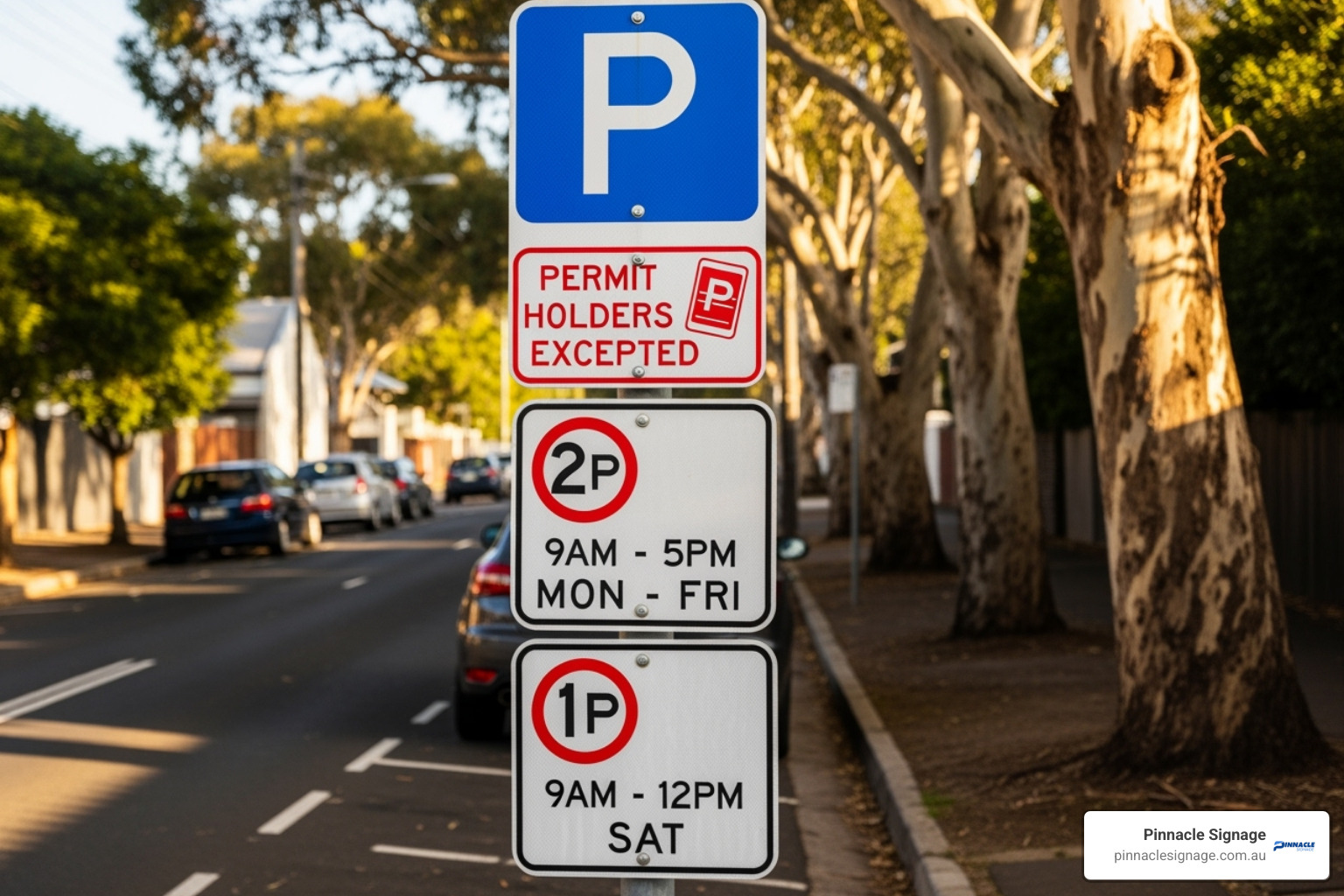 Complex stack of regulatory australian parking signs indicating time limits (2P, 1P) and regulatory exemptions for local permit holders on a suburban street. Complex stack of regulatory australian parking signs indicating time limits (2P, 1P) and regulatory exemptions for local permit holders on a suburban street.