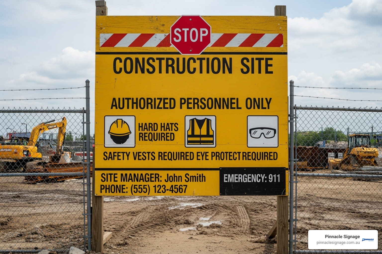 High-visibility building site signs ensuring safety compliance with an "Authorized Personnel Only" warning, PPE requirements, and printed site rules documentation. High-visibility building site signs ensuring safety compliance with an "Authorized Personnel Only" warning, PPE requirements, and printed site rules documentation.