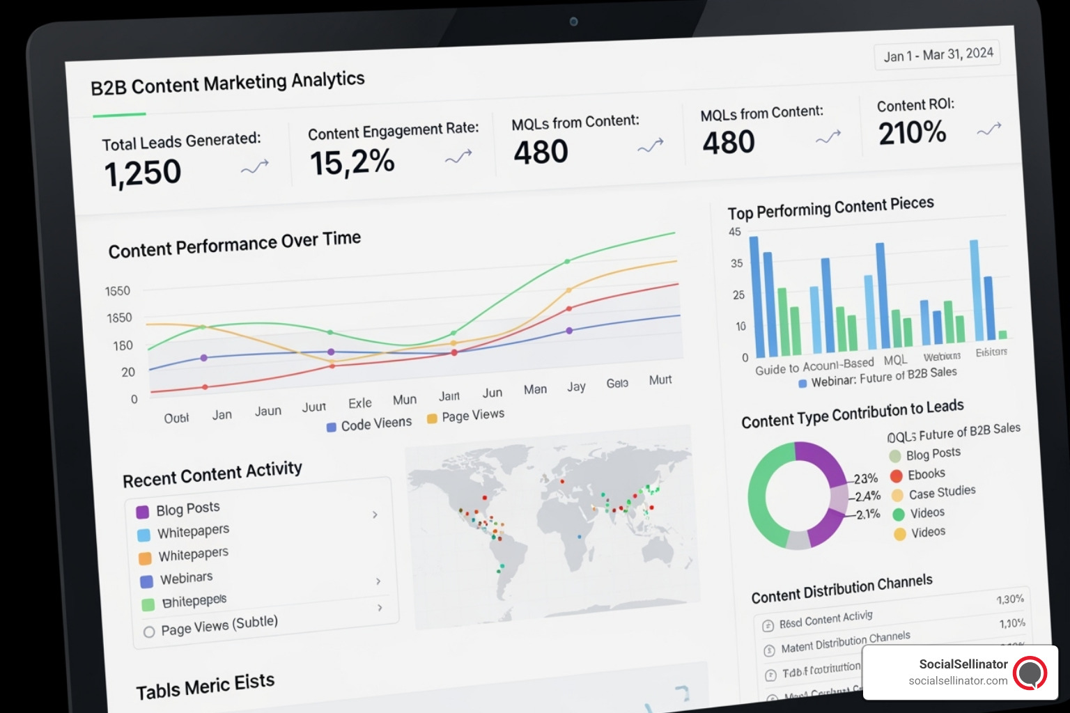 A close-up of a computer screen displaying a B2B content marketing analytics dashboard with colorful charts and metrics. - b2b content creation