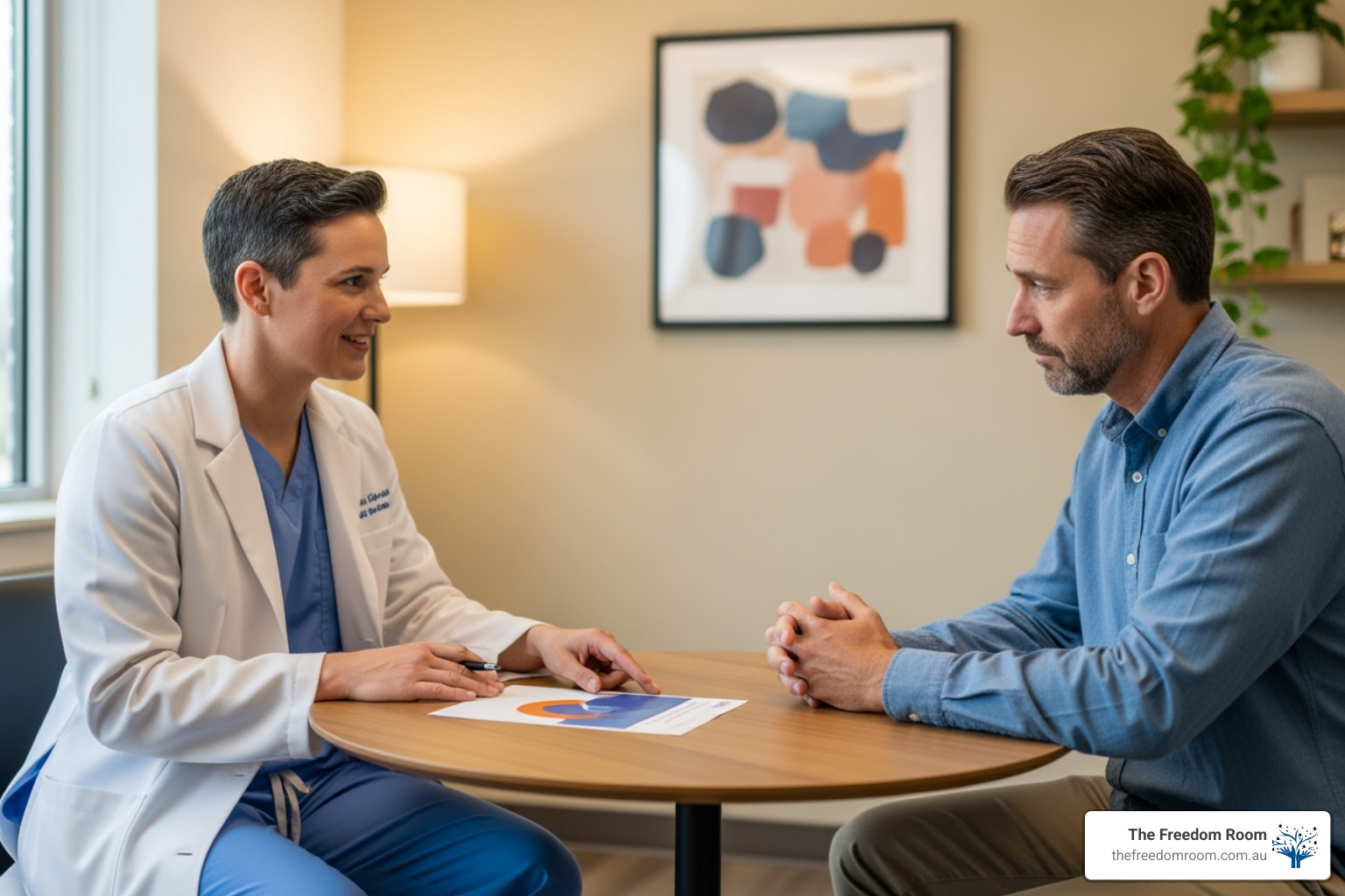 A healthcare professional offering compassionate support to a patient, symbolising safe withdrawal guidance - overcoming drinking problem