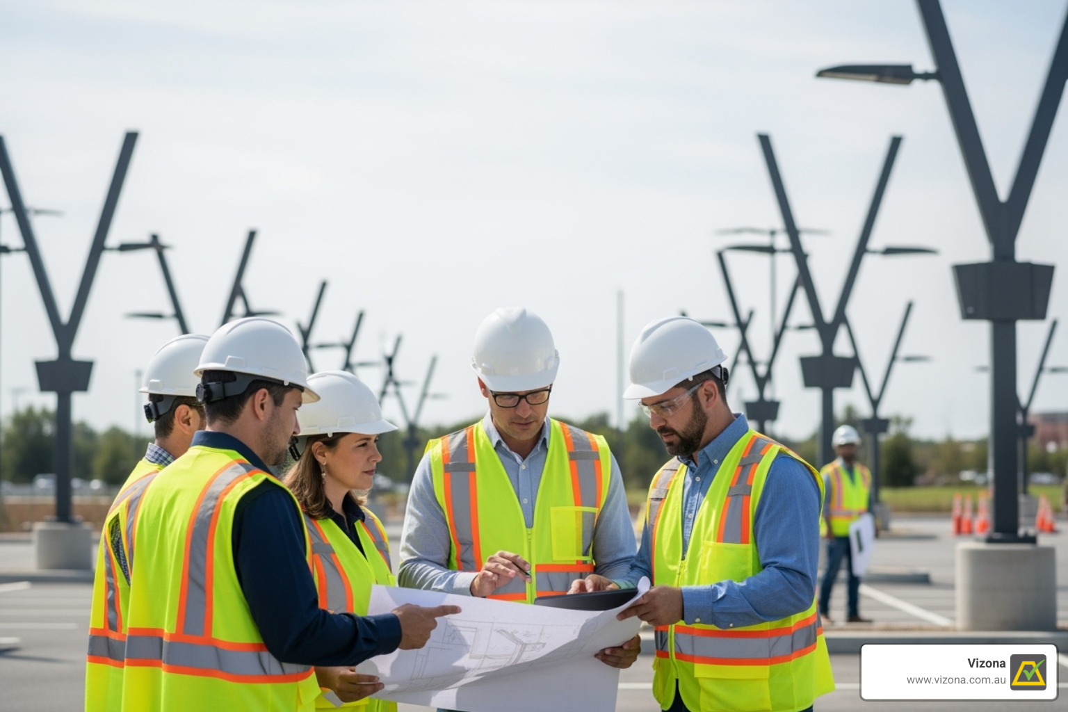 Vizona team members consulting on a project site with lighting poles in the background - pole lights for parking lots Vizona team members consulting on a project site with lighting poles in the background - pole lights for parking lots