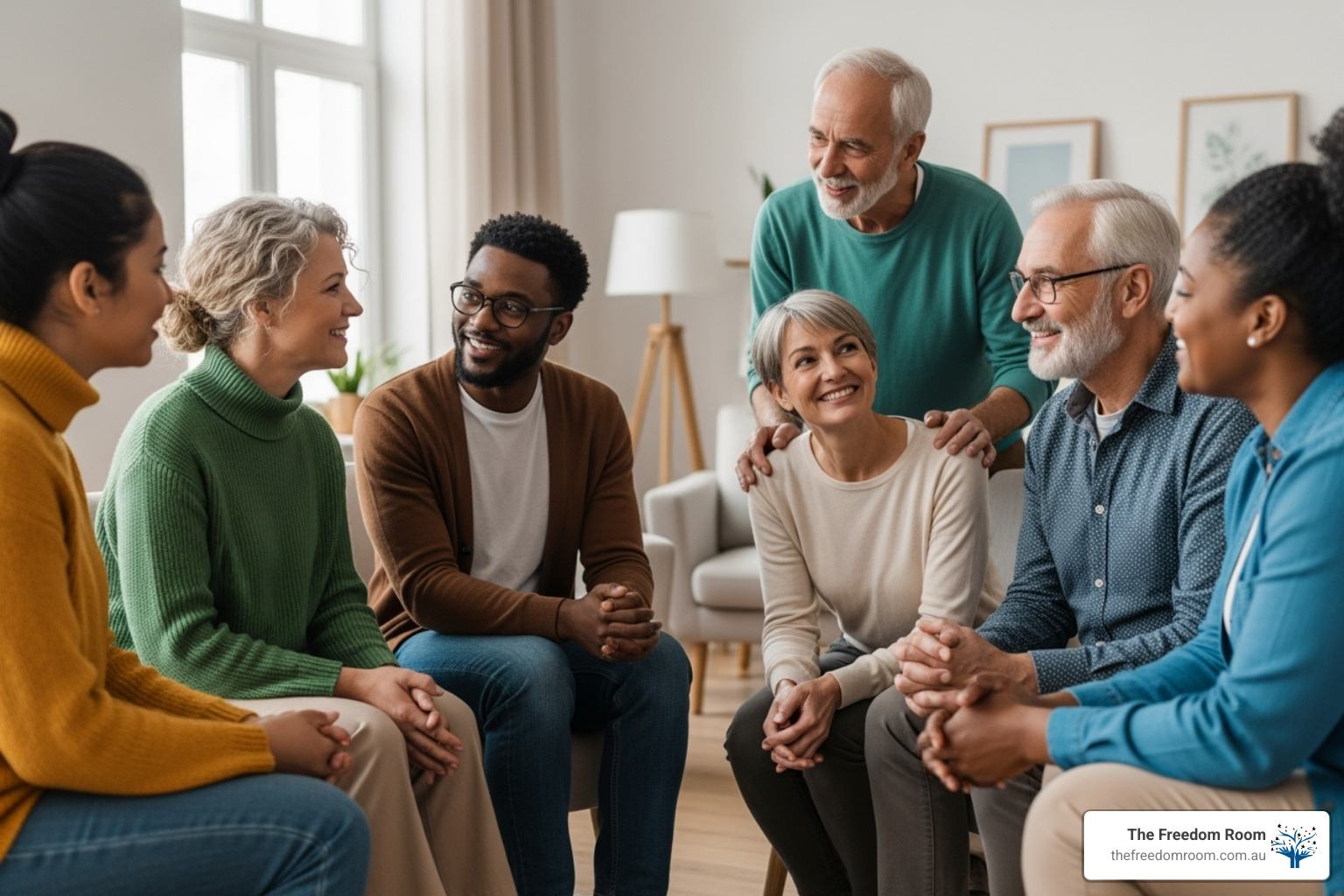 A diverse group of people sitting in a circle, engaged in conversation and mutual support in a community setting - mental health in recovery
