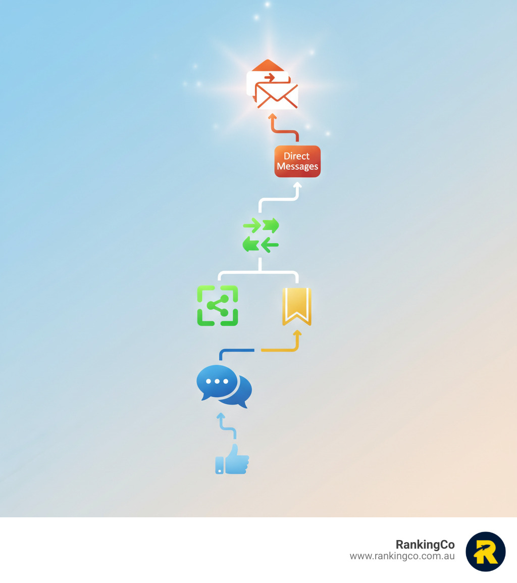 Infographic showing the key types of social media engagement: Likes (basic acknowledgment), Comments (active conversation), Shares (content amplification), Saves (high-value content), and Direct Messages (deepest connection), with arrows indicating increasing engagement value - Improve social media engagement infographic 