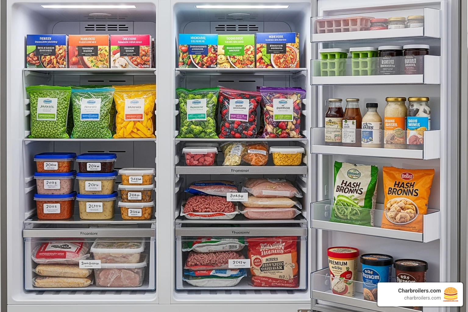 An organized glass-door upright freezer showcasing frozen meals and ingredients - restaurant depot upright freezer An organized glass-door upright freezer showcasing frozen meals and ingredients - restaurant depot upright freezer