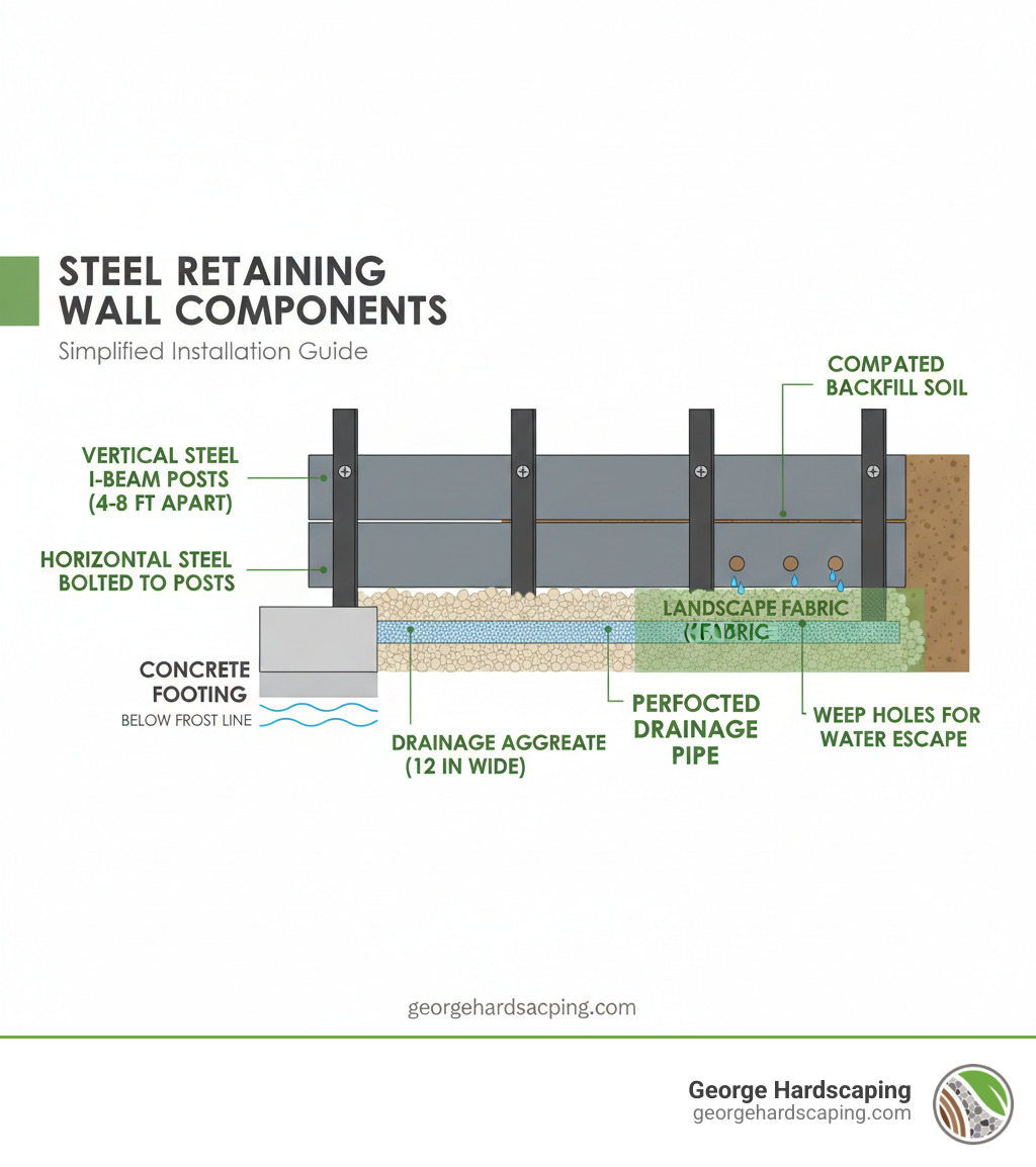 Infographic showing the basic components of a steel retaining wall installation, including labeled sections for vertical steel I-beam posts spaced 4-8 feet apart, horizontal steel plates bolted to posts, concrete footing extending below frost line, perforated drainage pipe at the base, drainage aggregate layer 12 inches wide, landscape fabric wrapping the gravel, compacted backfill soil, and weep holes for water escape - how to install a steel plate retaining wall infographic 