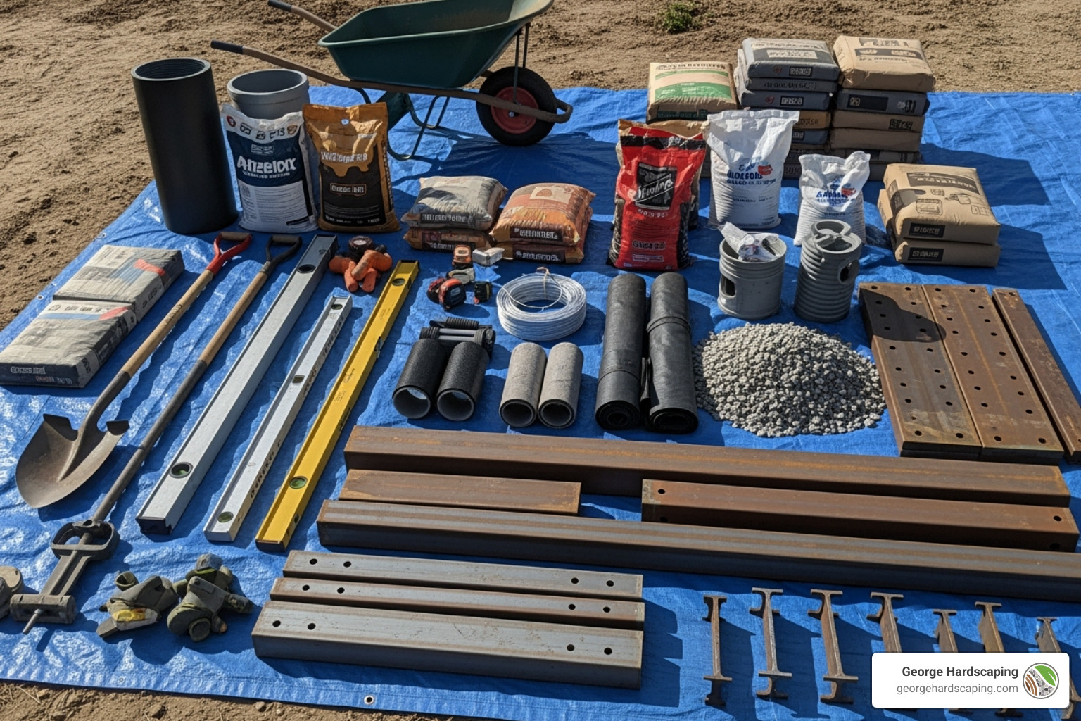 A collection of essential tools and materials for retaining wall construction, including a shovel, post-hole digger, level, string line, tape measure, wheelbarrow, ready-mix concrete bags, gravel bags, perforated drain pipe, landscape fabric rolls, and various steel plates and I-beams laid out on a tarp - how to install a steel plate retaining wall