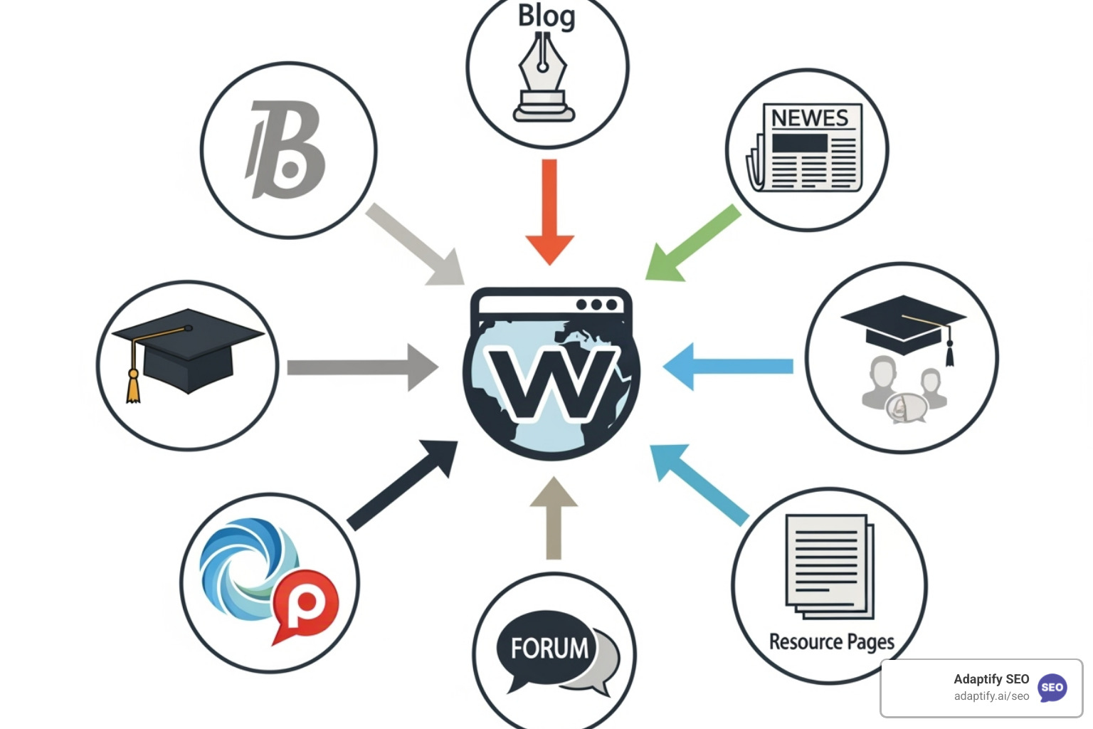 Illustration of a diverse backlink profile, showing links coming from blogs, news sites, educational institutions, social media, forums, and resource pages, all pointing to a central affiliate website - link building for affiliate sites