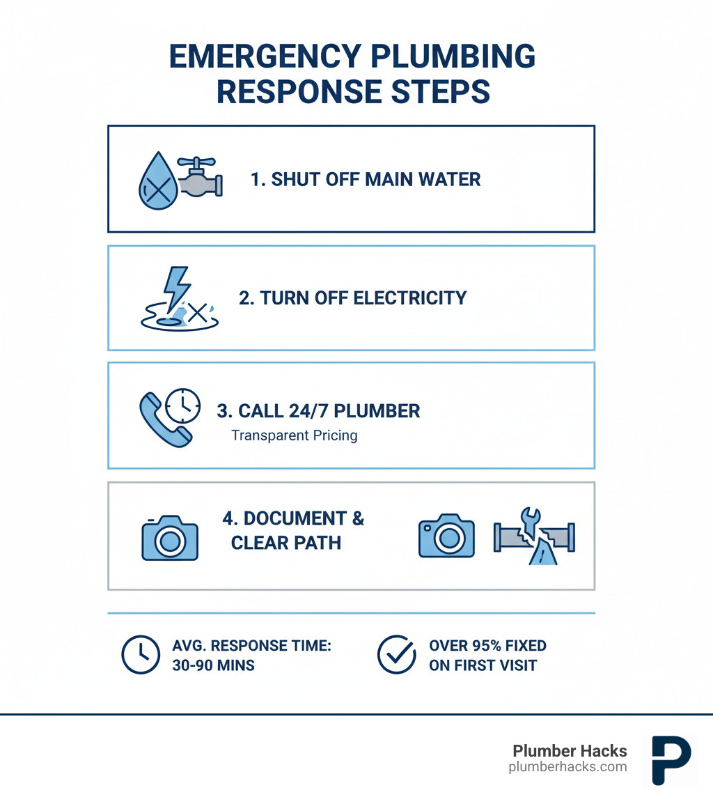 Emergency Plumbing Response Steps: 1. Shut off main water valve to stop flooding. 2. Turn off electricity to wet areas to prevent shock hazards. 3. Call licensed 24/7 emergency plumber with transparent pricing. 4. Clear access paths and document damage with photos. Average response time: 30-90 minutes. Over 95% of emergencies fixed on first visit. - emergency plumber near me infographic 