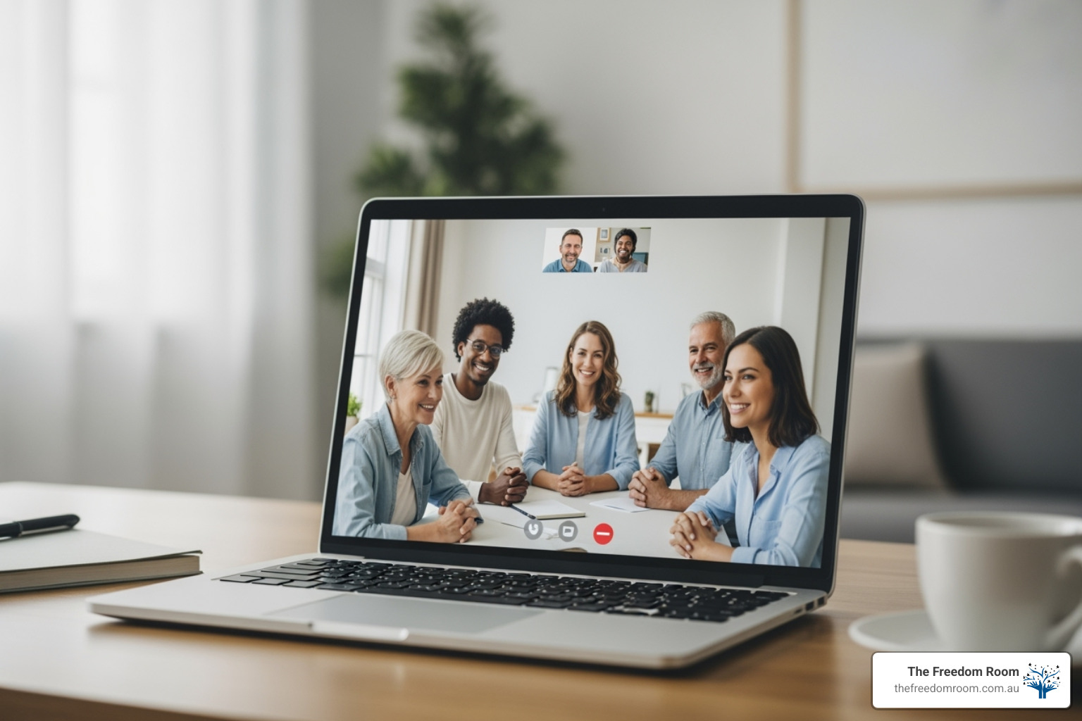Laptop screen showing a diverse group participating in an online meeting, highlighting the accessibility of modern non 12 step recovery programmes.