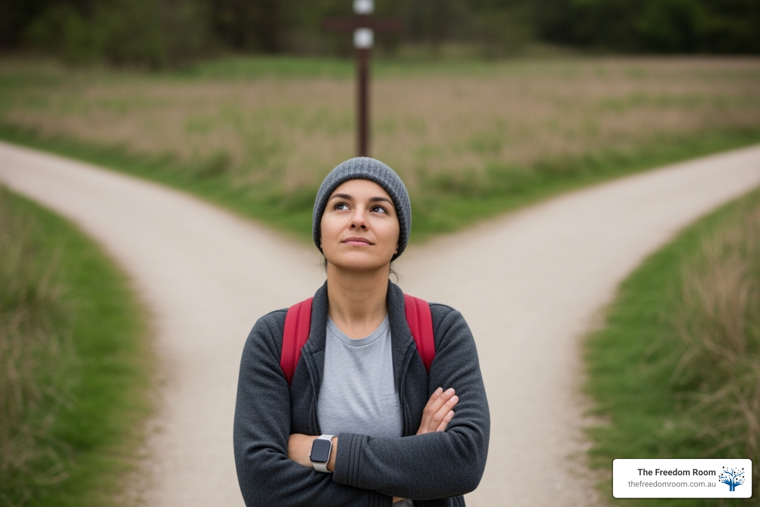 Woman standing at a fork in the road, looking up, representing the choice to select a self-directed non 12 step recovery pathway.