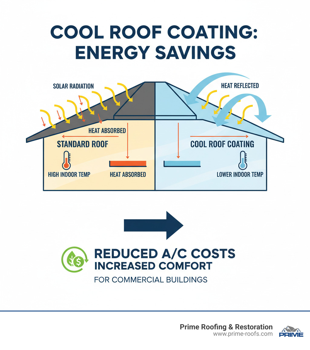 An infographic showing how a cool roof coating reflects solar radiation and reduces indoor temperatures, illustrating the energy-saving benefits. - commercial roofing infographic 