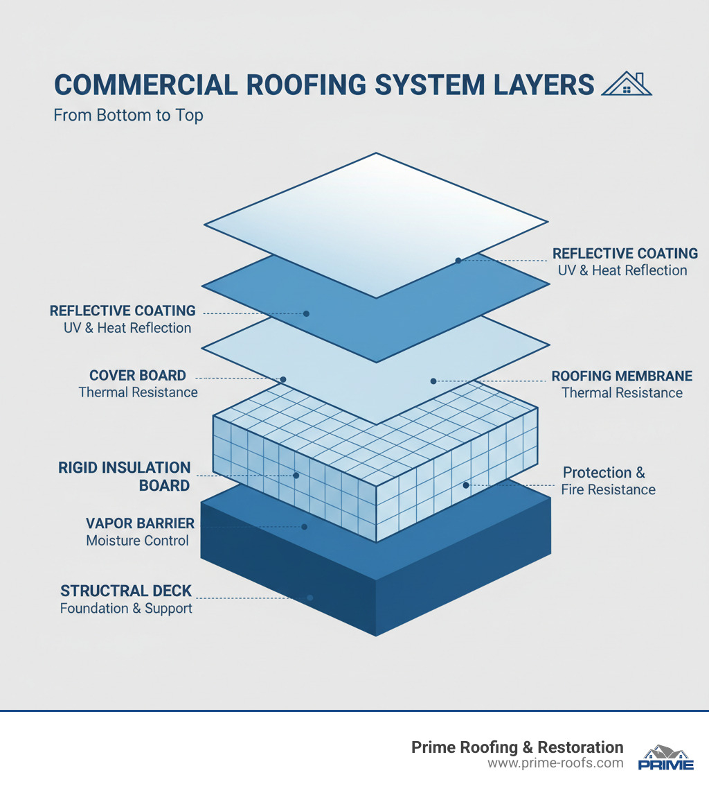 Infographic showing the complete commercial roofing system layers from bottom to top: structural deck, vapor barrier, rigid insulation board, cover board, roofing membrane, and reflective coating, with labels for each component and their primary functions - commercial roofing infographic 