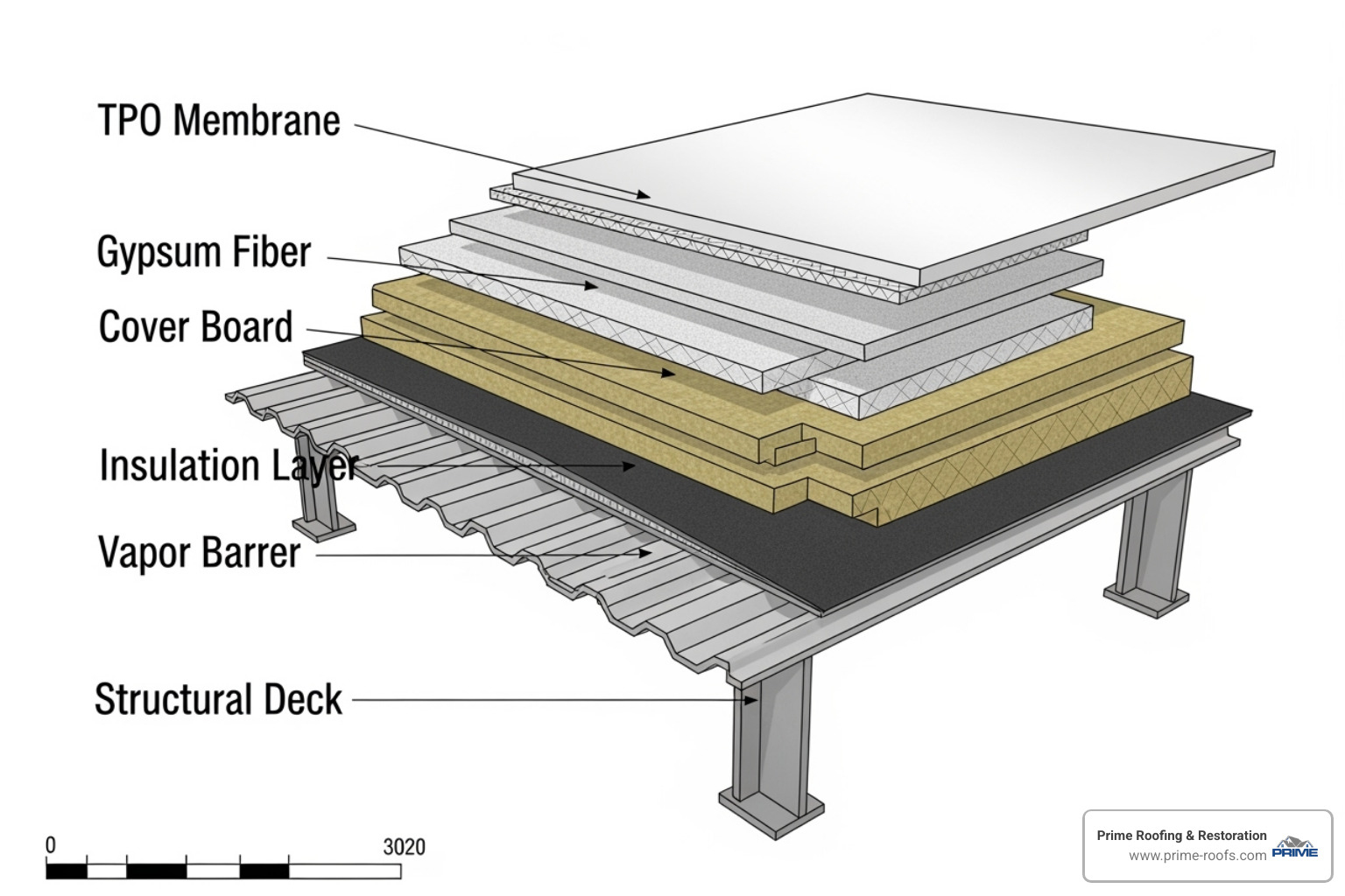 A cross-section of a commercial roof, labeling the deck, vapor barrier, insulation, cover board, and membrane. - commercial roofing