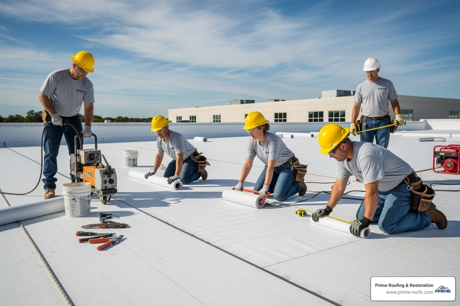 A professional roofing crew installing a TPO membrane on a commercial building, emphasizing teamwork and safety. - commercial roofing