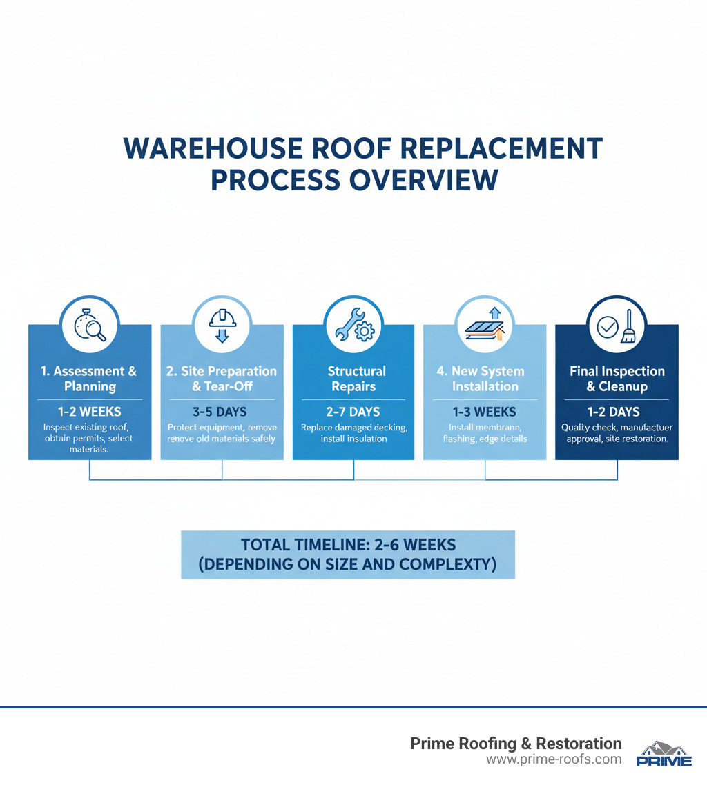 Warehouse Roof Replacement Process Overview: Assessment & Planning (1-2 weeks) - inspect existing roof, obtain permits, select materials; Site Preparation & Tear-Off (3-5 days) - protect equipment, remove old materials safely; Structural Repairs (2-7 days) - replace damaged decking, install insulation; New System Installation (1-3 weeks) - install membrane, flashing, edge details; Final Inspection & Cleanup (1-2 days) - quality check, manufacturer approval, site restoration. Total timeline: 2-6 weeks depending on size and complexity. - Warehouse roof replacement infographic 