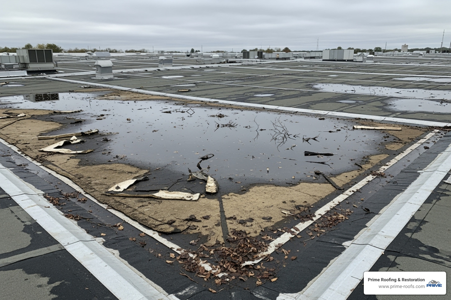 Damaged warehouse roof showing ponding water and visible membrane blistering - Warehouse roof replacement