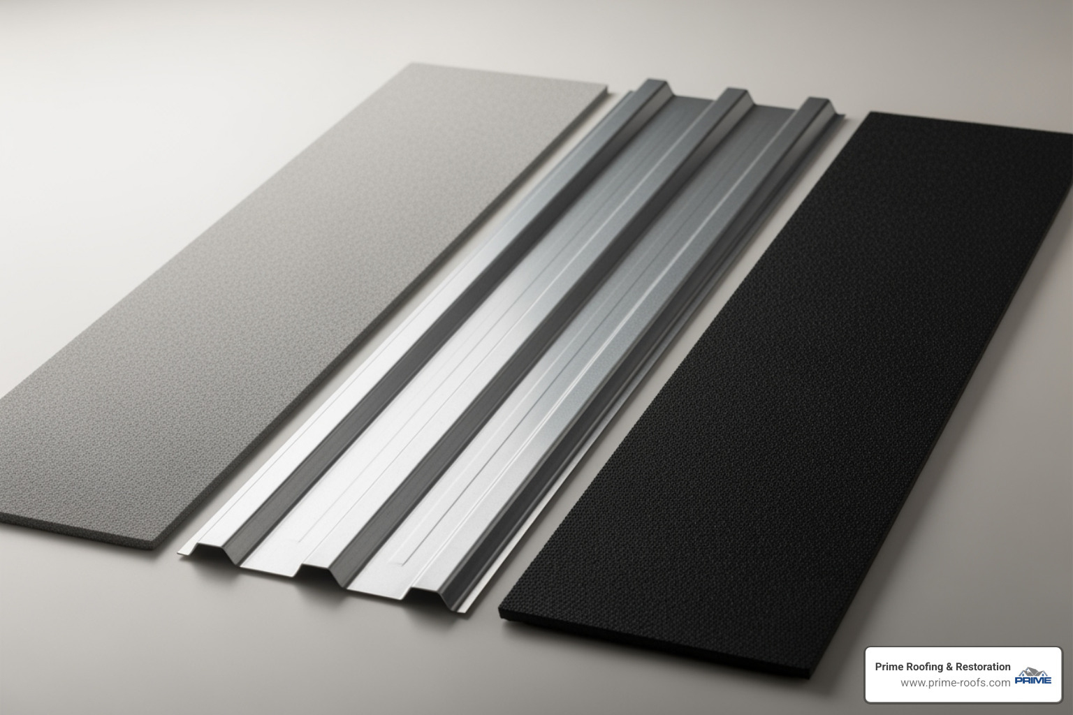 Different roofing material samples (TPO, Metal, EPDM) - Warehouse roof replacement