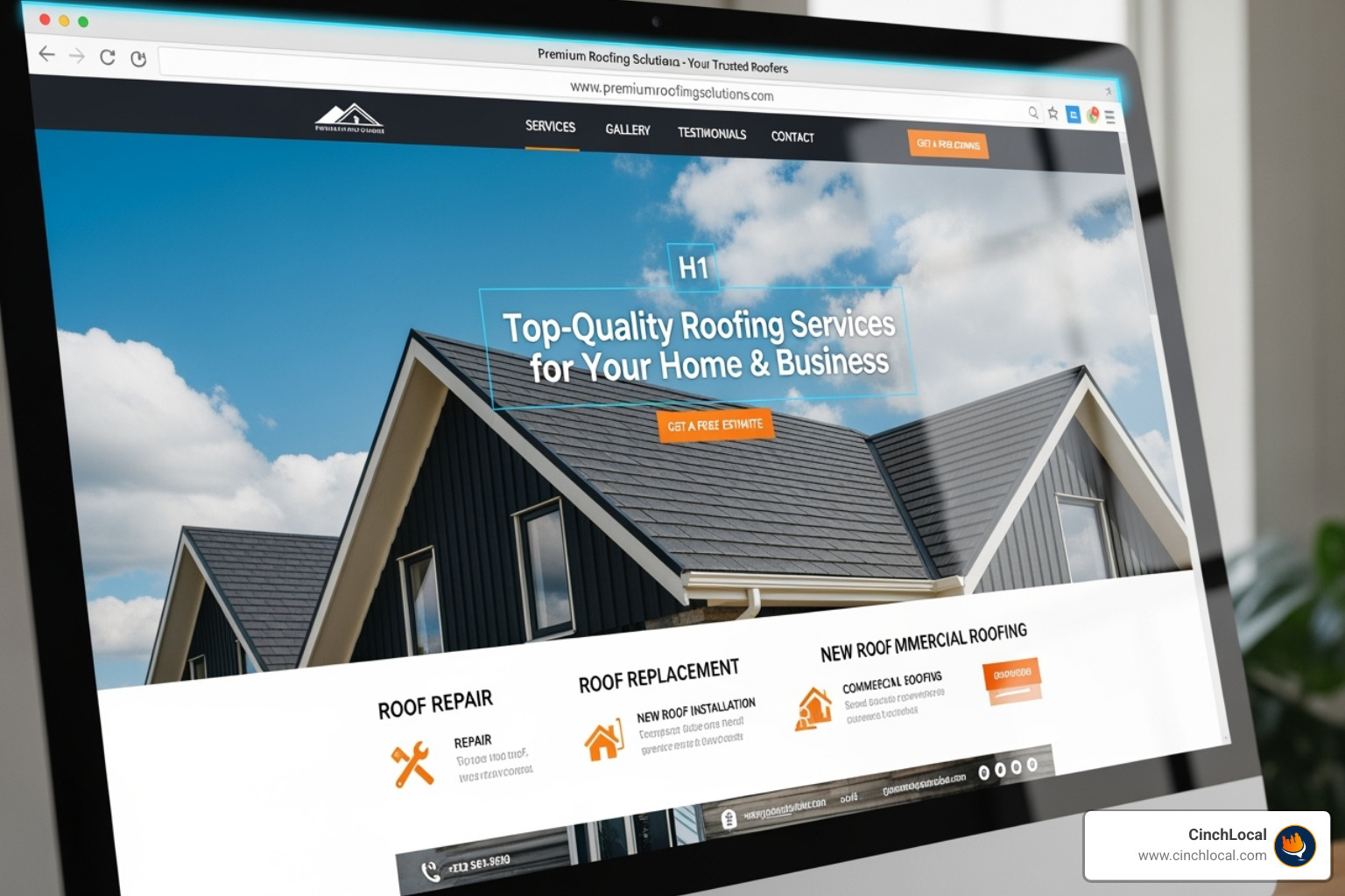 Well-optimized roofing service page highlighting the title tag, H1, and URL. - seo for roof contractors