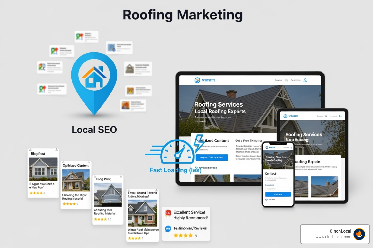 Comprehensive roofing SEO strategy showing Local SEO with Google Business Profile optimization, On-Page SEO with keyword-optimized service pages, Technical SEO with mobile-responsive design and fast loading speeds, and Content Marketing with educational blog posts and customer testimonials.