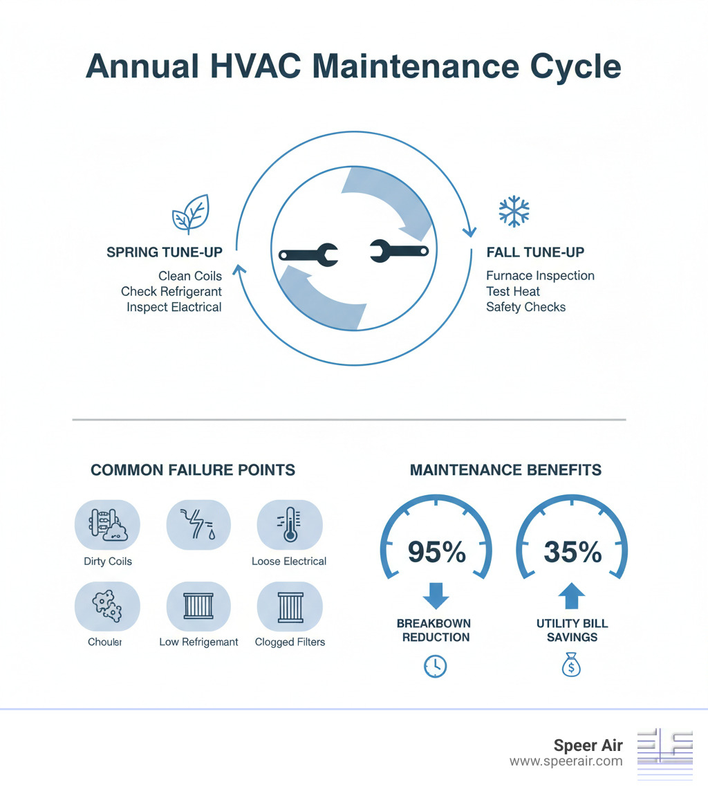 infographic showing annual HVAC maintenance cycle with spring and fall tune-up schedules, common system failure points including dirty coils, electrical connections, refrigerant levels, and filters, plus statistics showing 95% breakdown reduction and 35% utility bill savings with regular maintenance - hvac service agreement morris county infographic 
