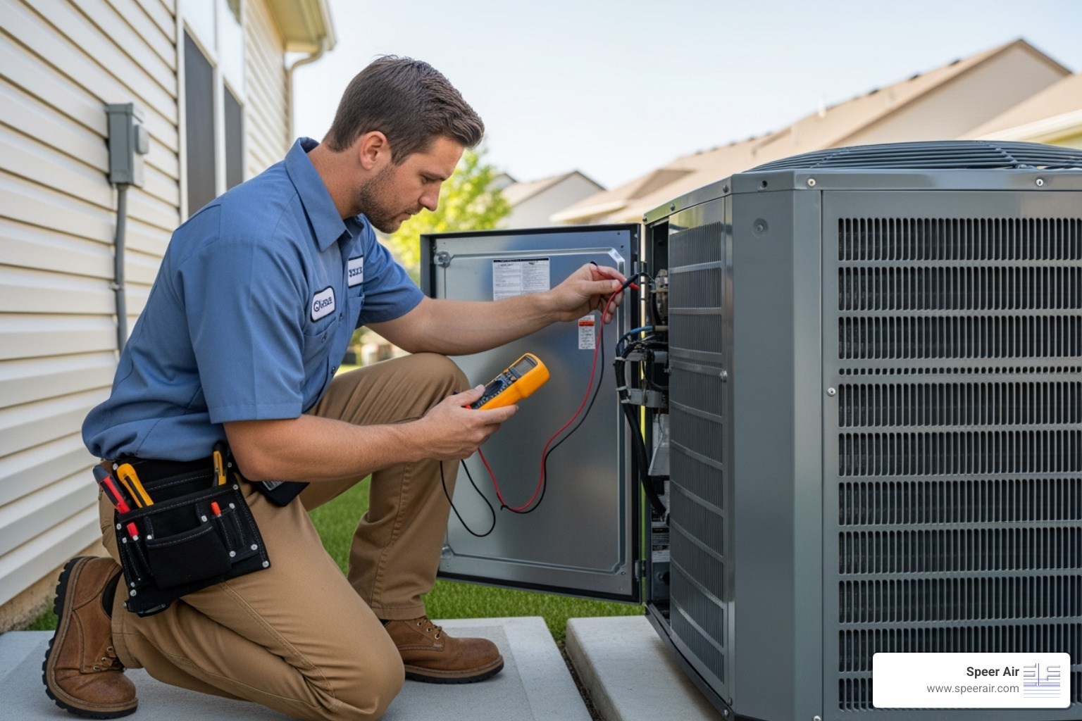 A Speer Air technician performing a tune-up on an AC unit - hvac service agreement morris county
