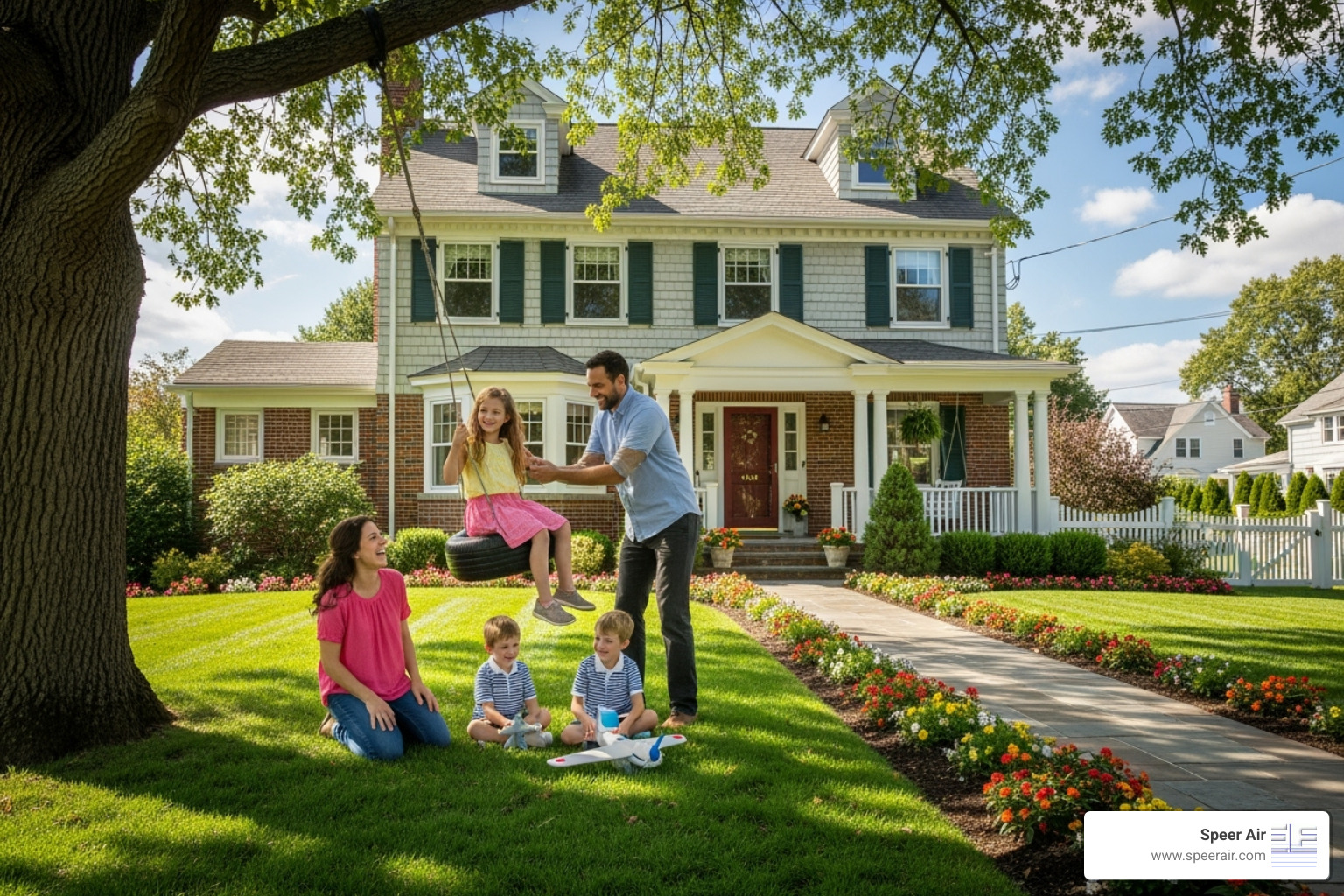 Family enjoying a comfortable home in a classic Morris County-style house - hvac service agreement morris county