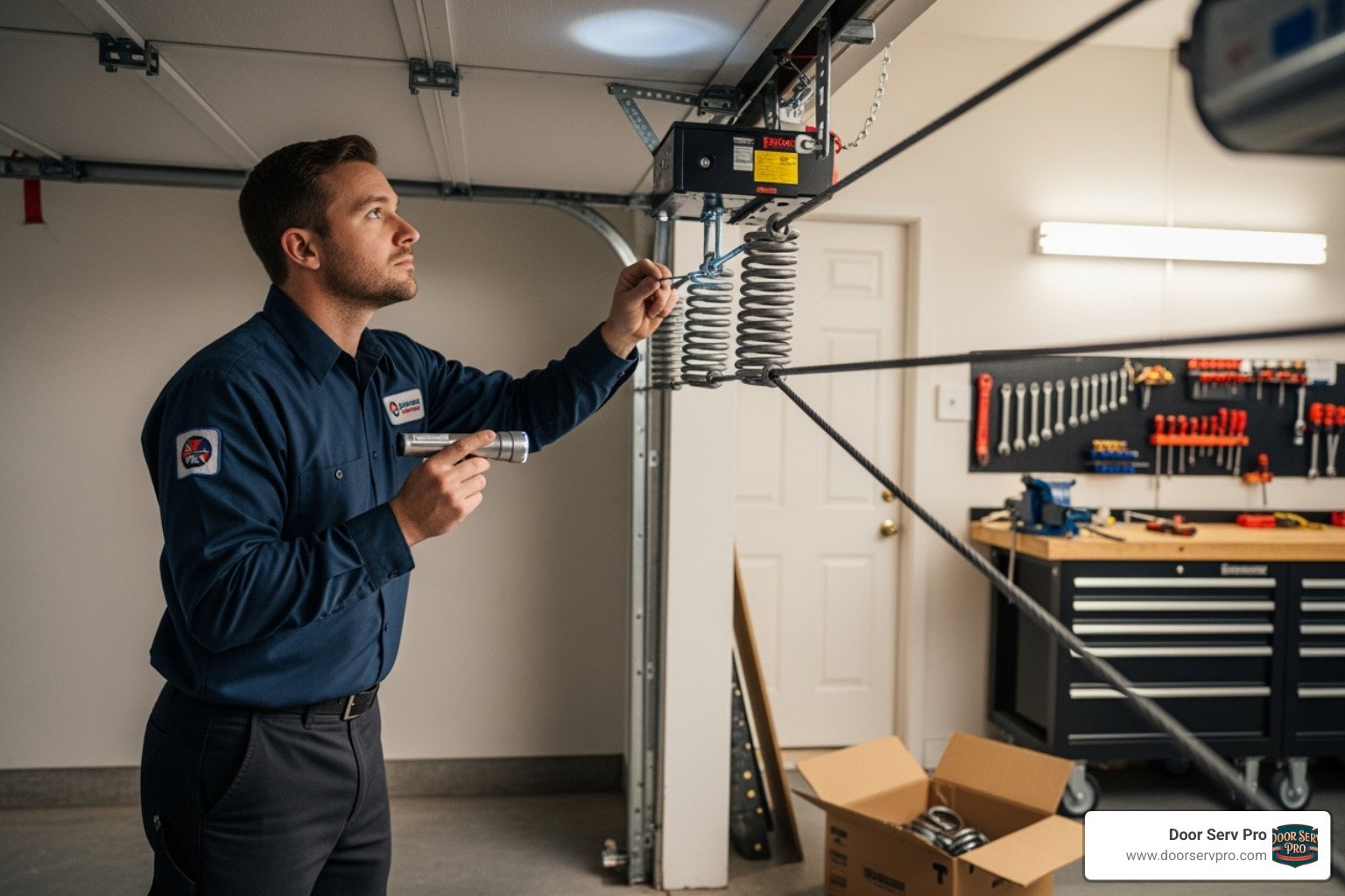 of a professional technician inspecting a garage door system - "The cable on my garage door snapped. Who are the best companies for broken cable repair in Chambersburg, PA?"