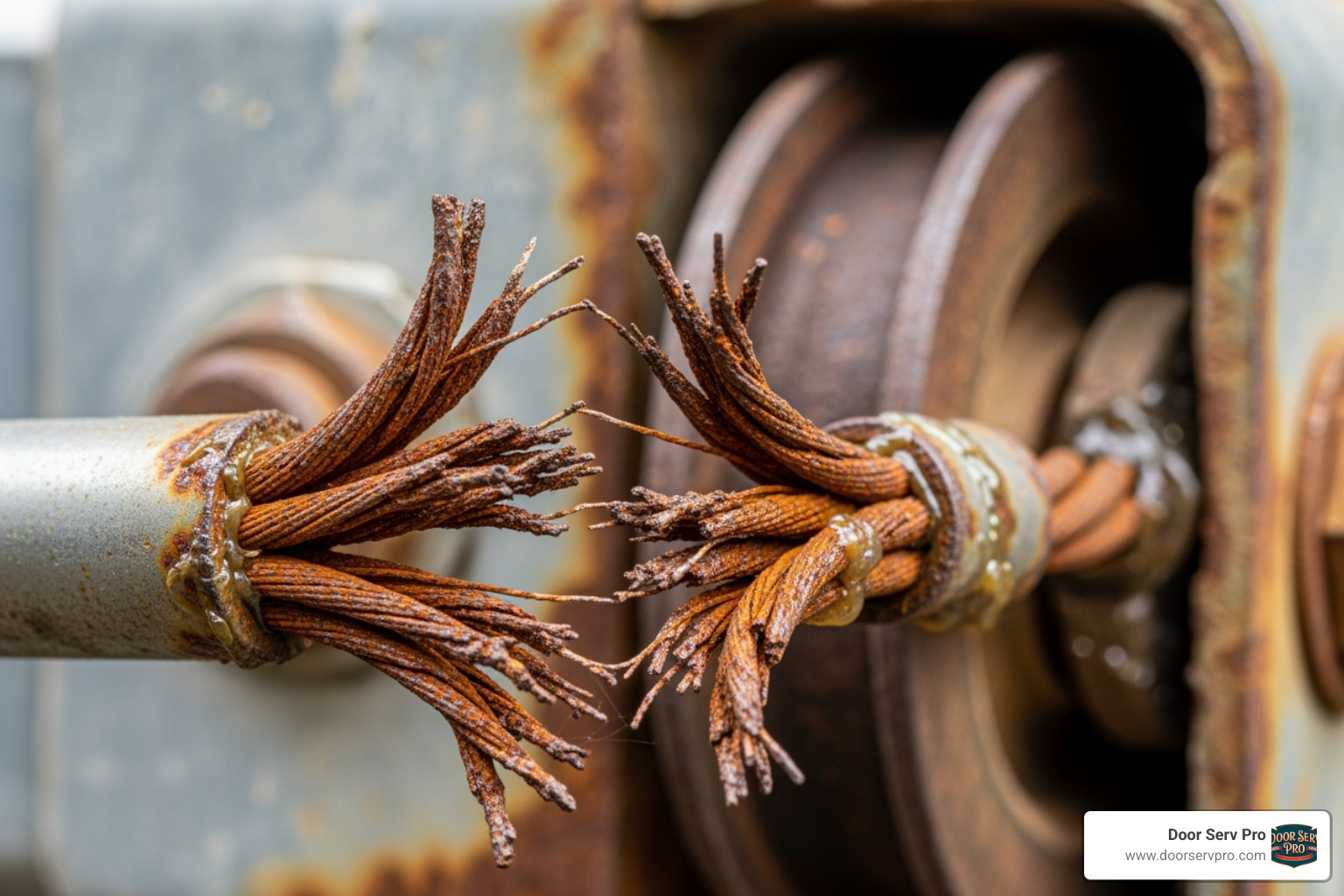 of a rusted and frayed garage door cable - "The cable on my garage door snapped. Who are the best companies for broken cable repair in Chambersburg, PA?"