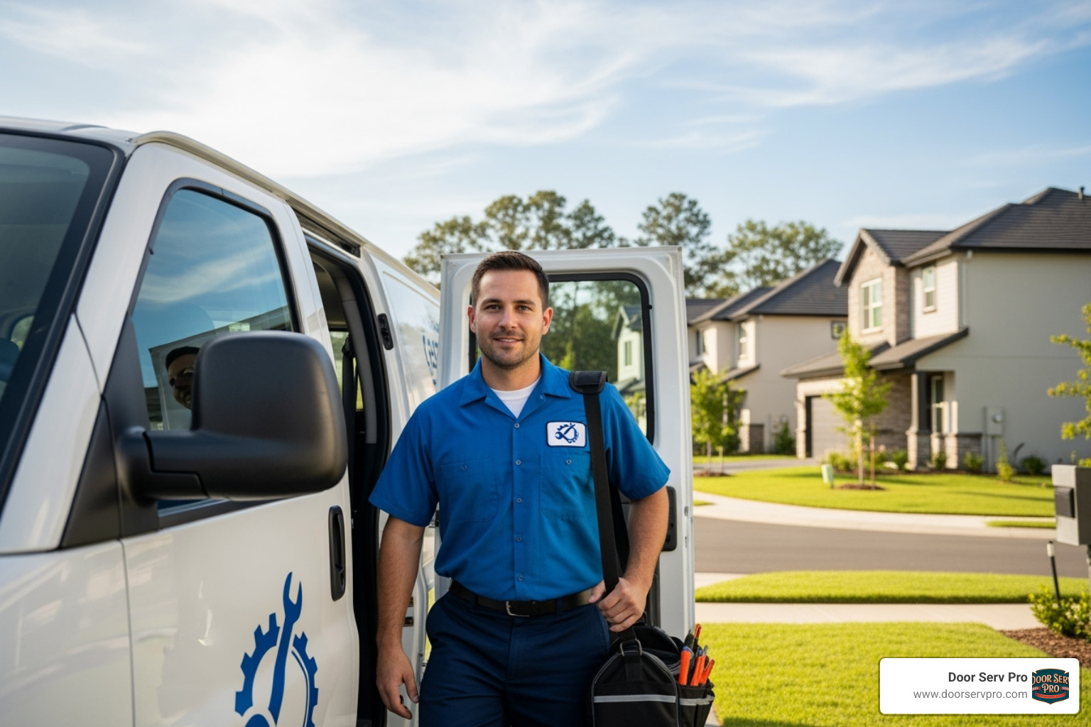 A service technician arrives at a home in a branded vehicle - "The cable on my garage door snapped. Who are the best companies for broken cable repair in Chambersburg, PA?"
