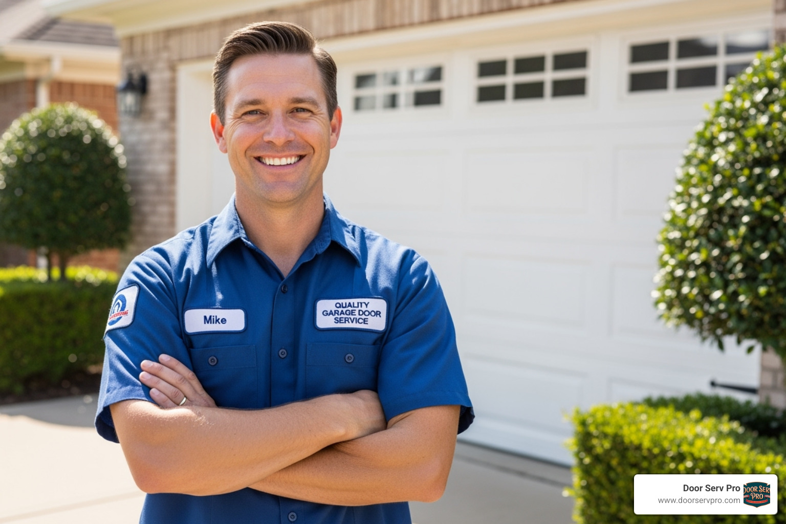 A Door Serv Pro technician smiling after completing a garage door repair - "The cable on my garage door snapped. Who are the best companies for broken cable repair in Chambersburg, PA?"