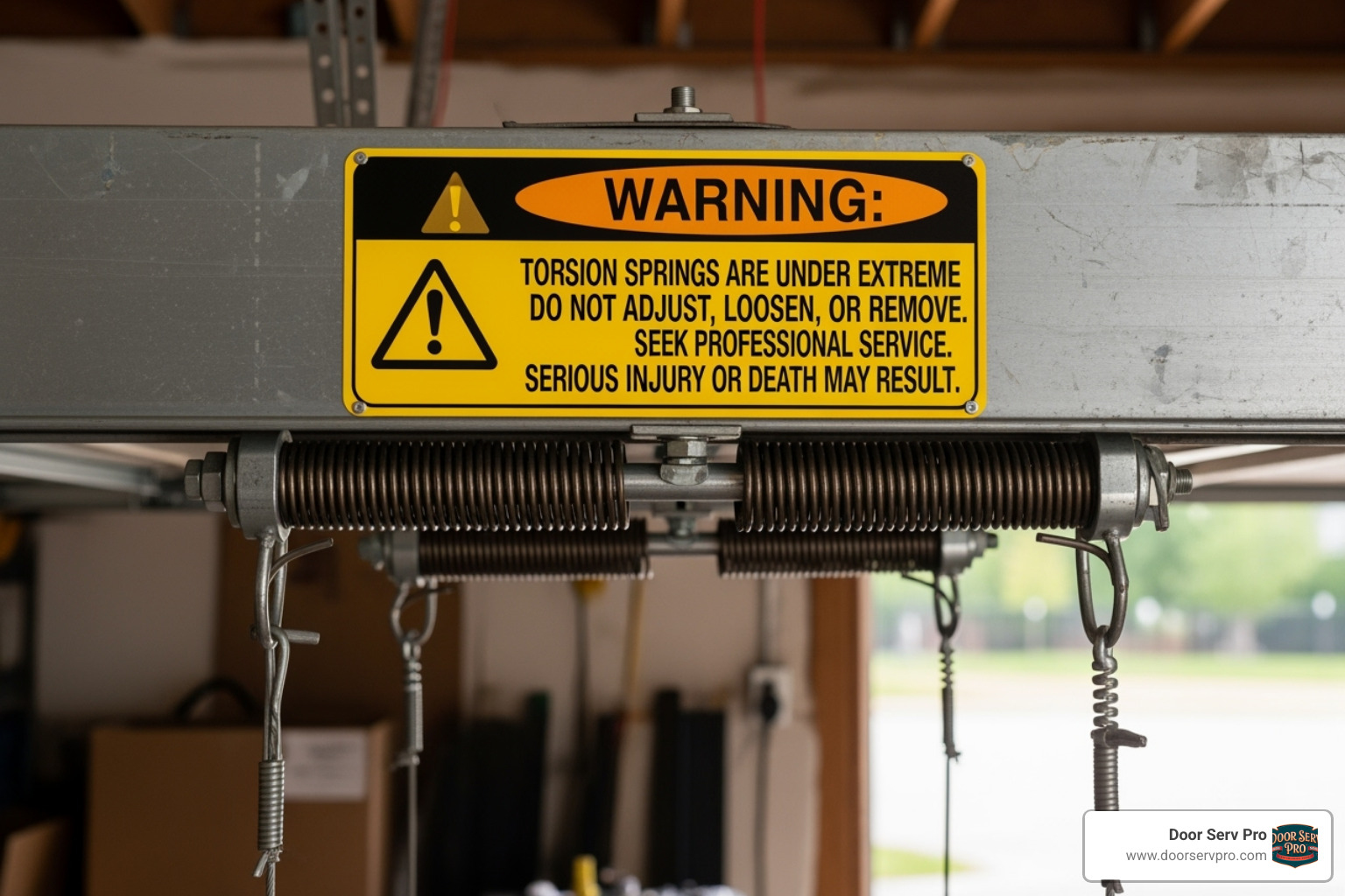 of a warning sign near a garage door torsion spring - "The cable on my garage door snapped. Who are the best companies for broken cable repair in Chambersburg, PA?"