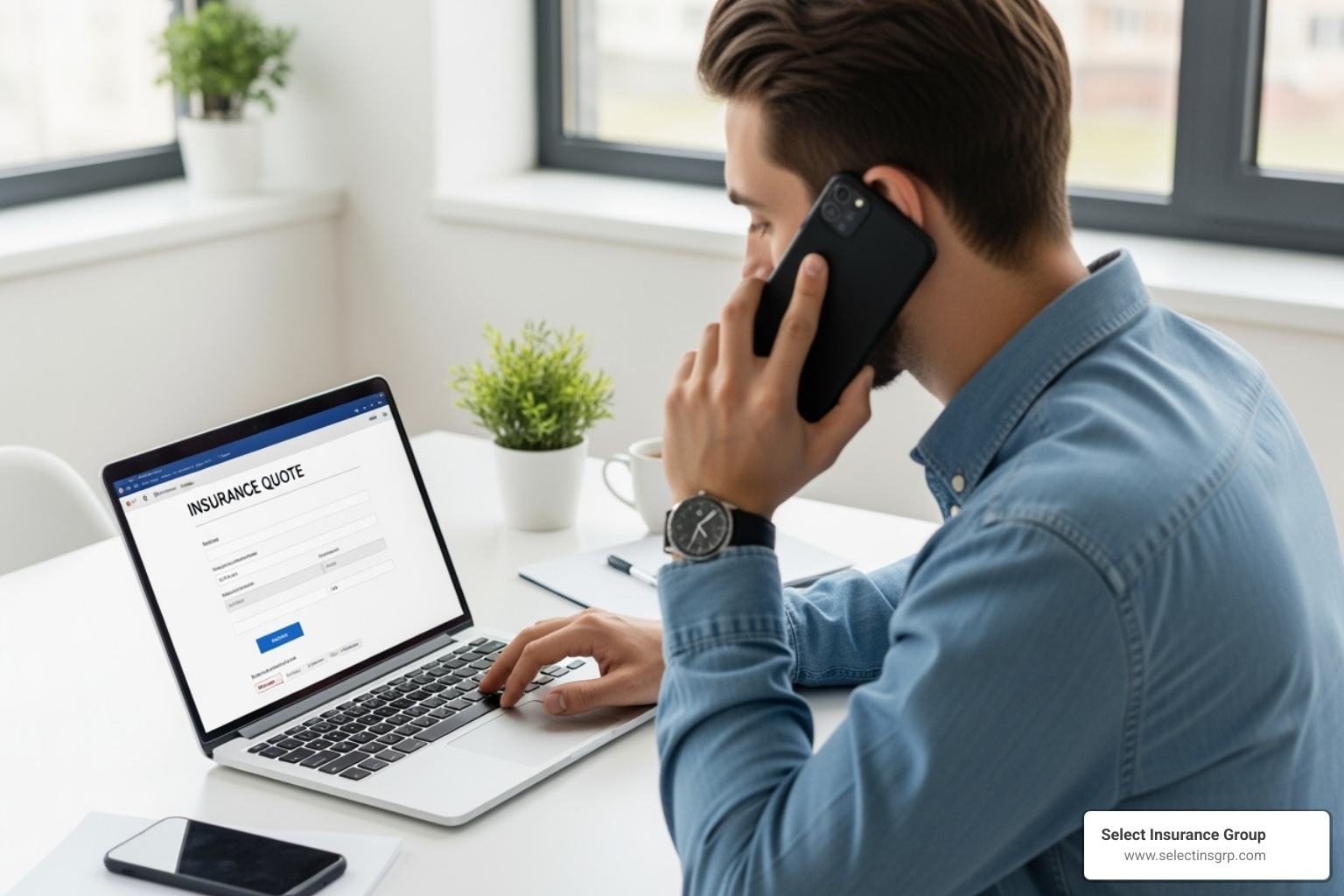A person sitting at a desk, looking at a laptop screen displaying an insurance quote form, while simultaneously talking on a phone, illustrating the process of obtaining an insurance quote. - getting insurance without a car A person sitting at a desk, looking at a laptop screen displaying an insurance quote form, while simultaneously talking on a phone, illustrating the process of obtaining an insurance quote. - getting insurance without a car