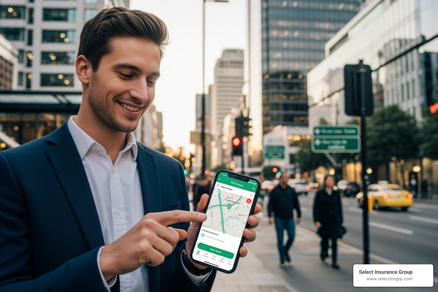 A young professional smiling while using a car-sharing app on their smartphone in a bustling urban environment, suggesting frequent use of shared vehicles. - getting insurance without a car A young professional smiling while using a car-sharing app on their smartphone in a bustling urban environment, suggesting frequent use of shared vehicles. - getting insurance without a car