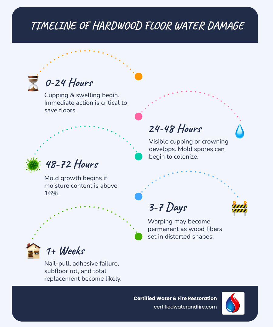 Timeline of water damage to hardwood floors showing progression from 0-24 hours (cupping and swelling begin, immediate action critical), 24-48 hours (visible cupping or crowning develops, mold spores can colonize), 48-72 hours (mold growth begins if moisture content above 16%), 3-7 days (warping may become permanent as wood fibers set), 1+ weeks (nail-pull, adhesive failure, subfloor rot, potential for total replacement) - repairing water damaged hardwood floors infographic infographic-line-5-steps-blues-accent_colors